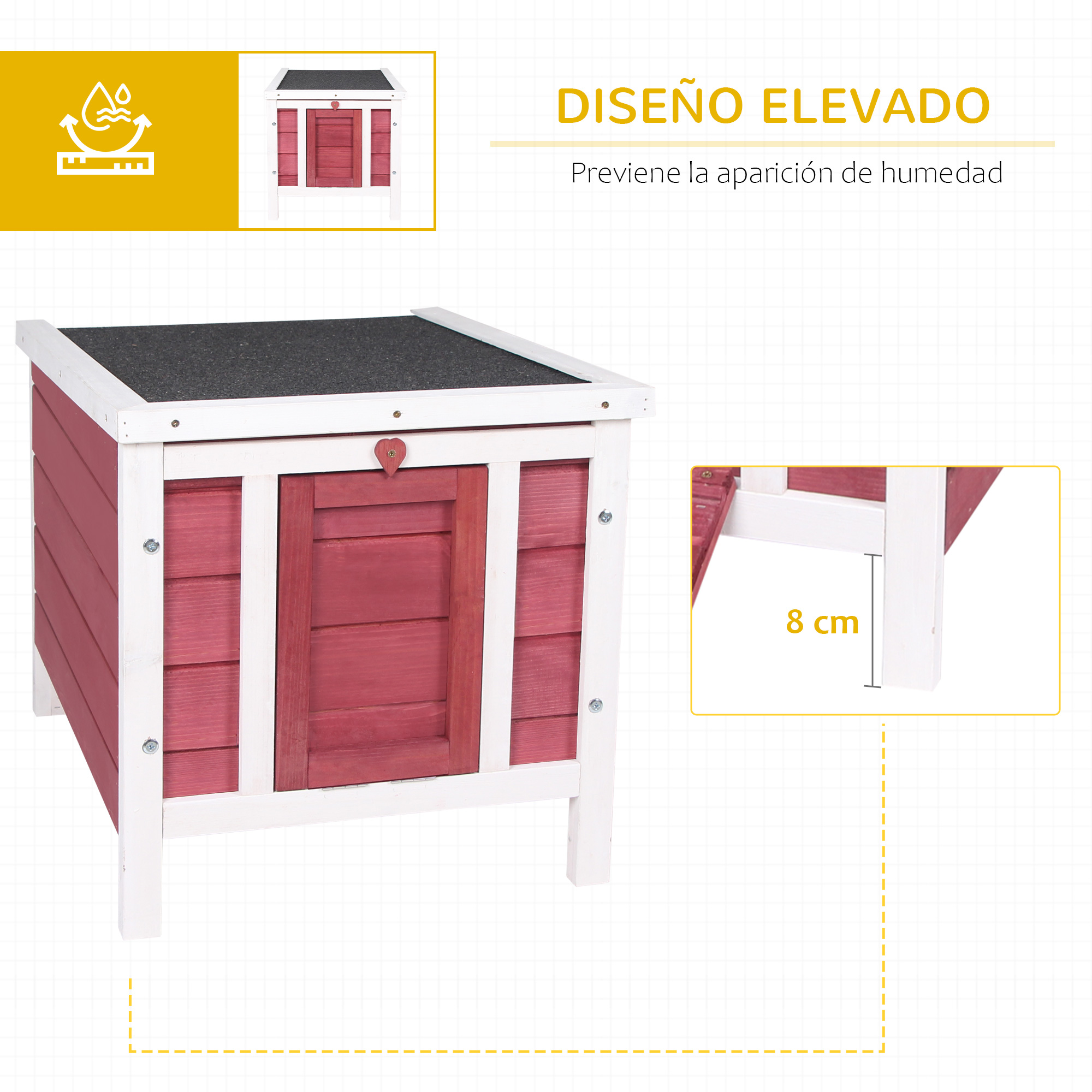 Casa para mascotas roja y blanca con techo negro y patas de 8 cm.