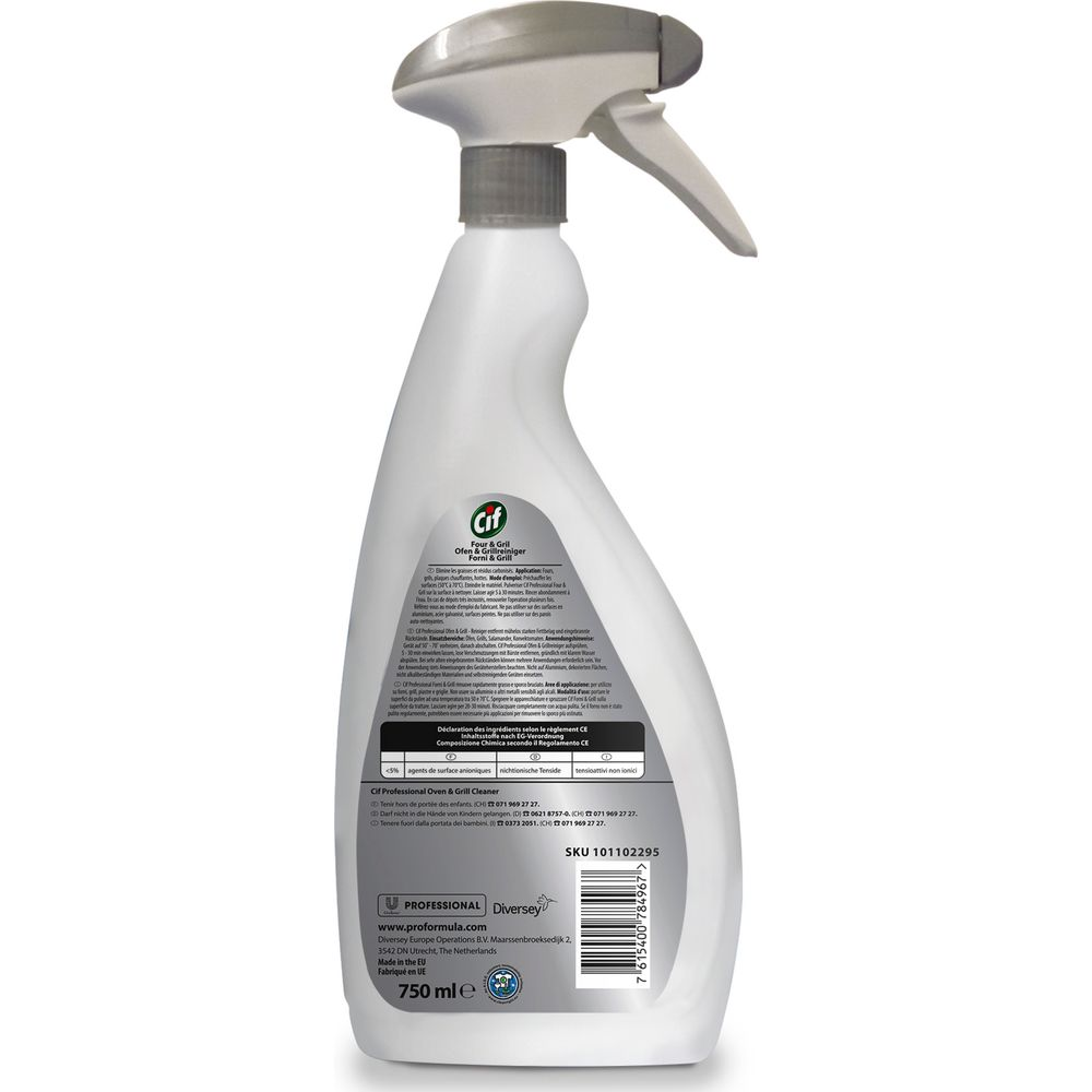 Un pulitore in flacone spray bianco con manico ed etichetta grigi.