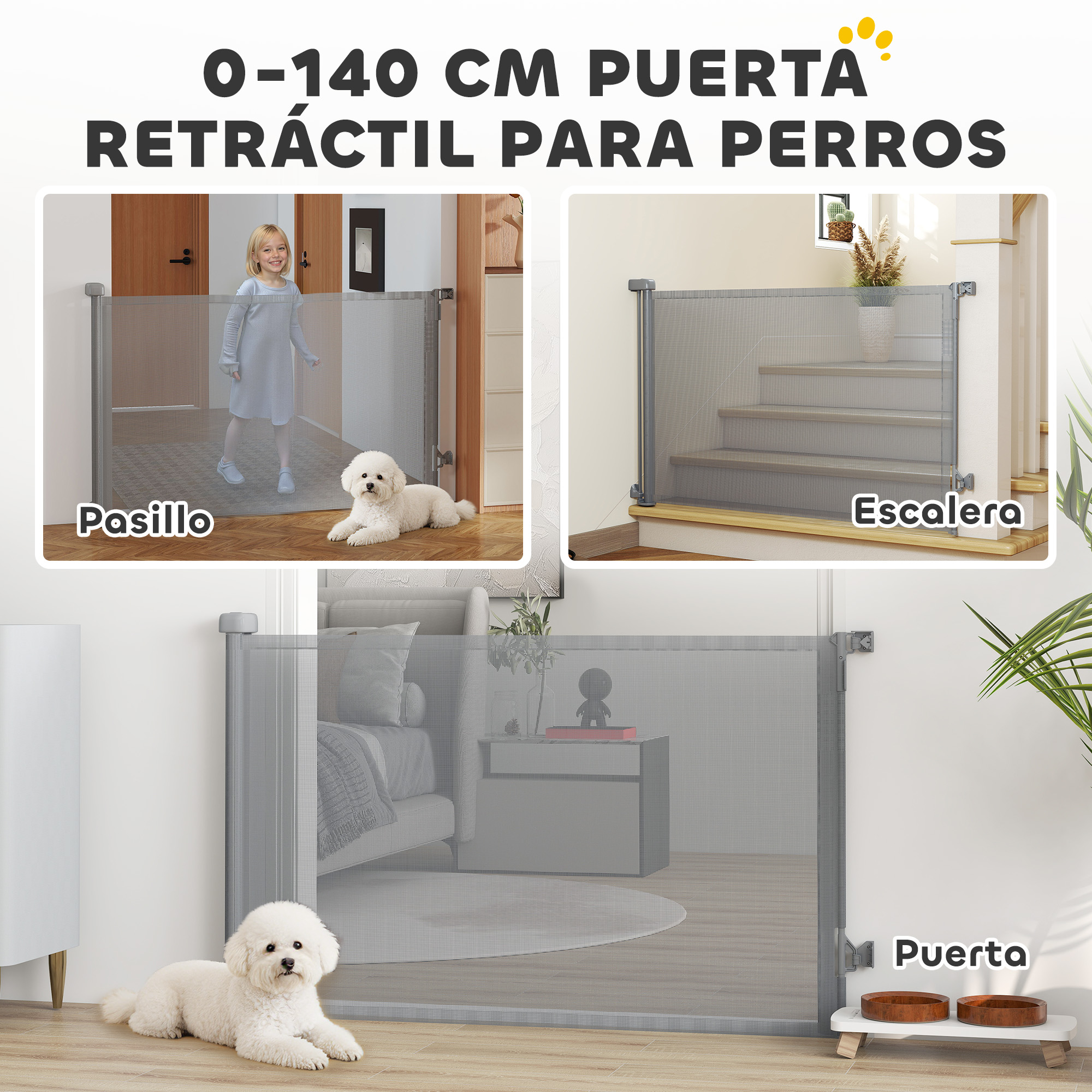 Un perro yace ante una barrera. Tres escenas muestran la barrera en pasillo, escaleras y puerta.
