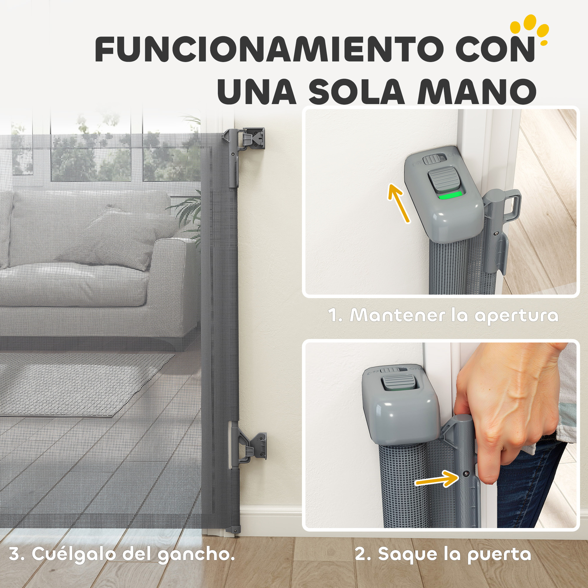 Una puerta de seguridad gris mostrada en tres pasos: abrir, quitar y colgar.