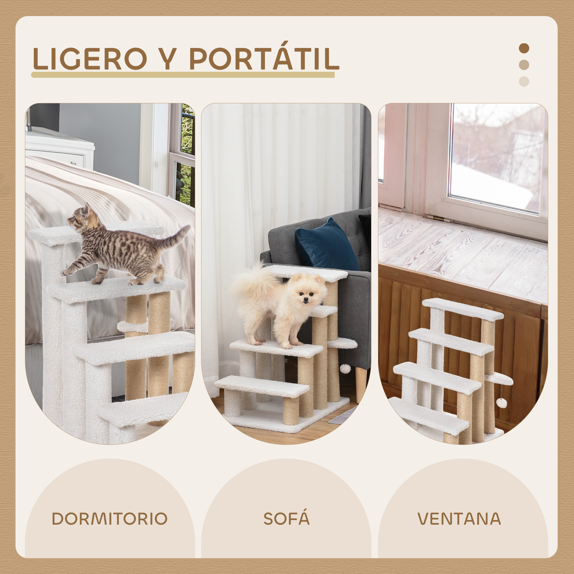 Un árbol para gatos de varios niveles en diferentes entornos.