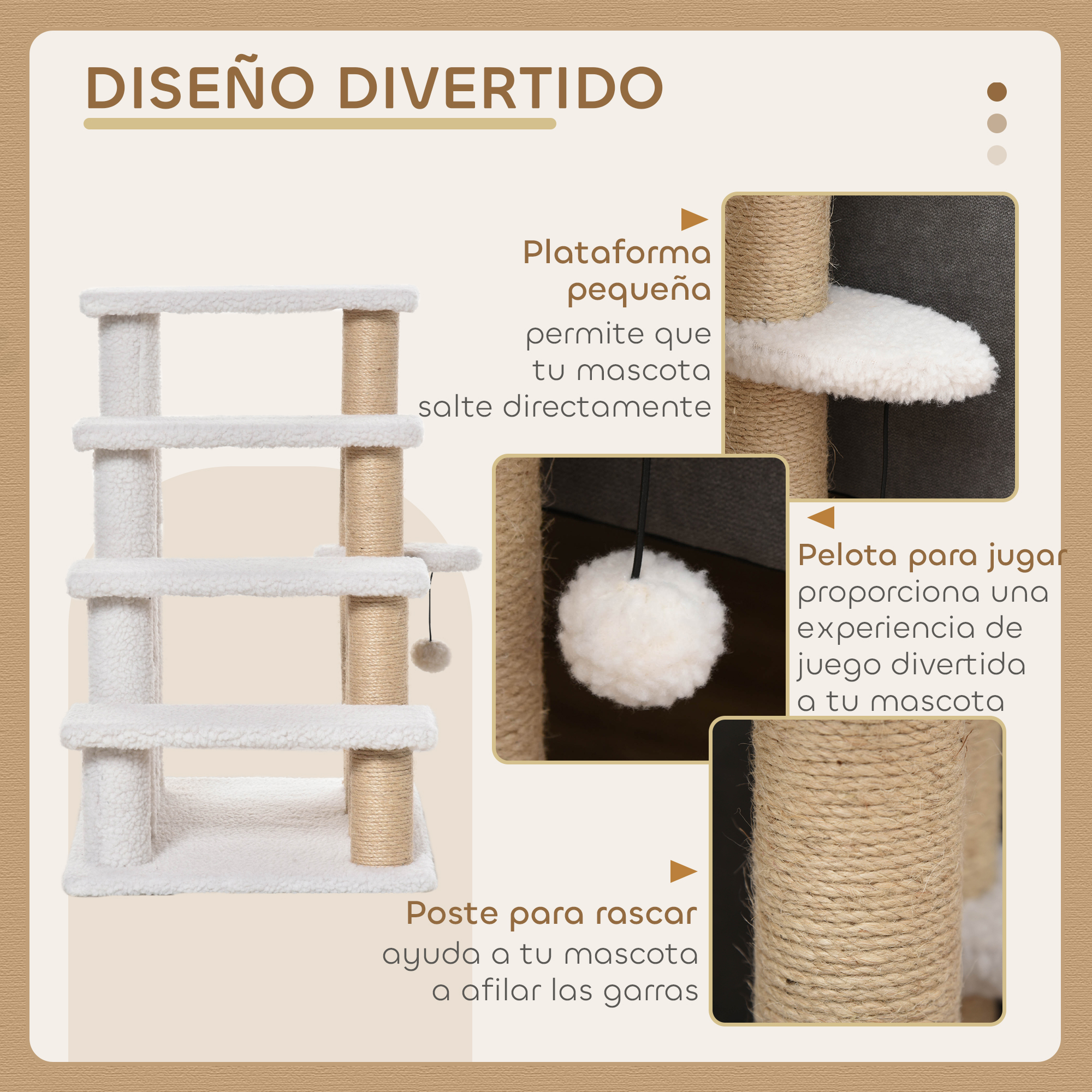 Árbol rascador blanco de varios niveles con postes y juguete.