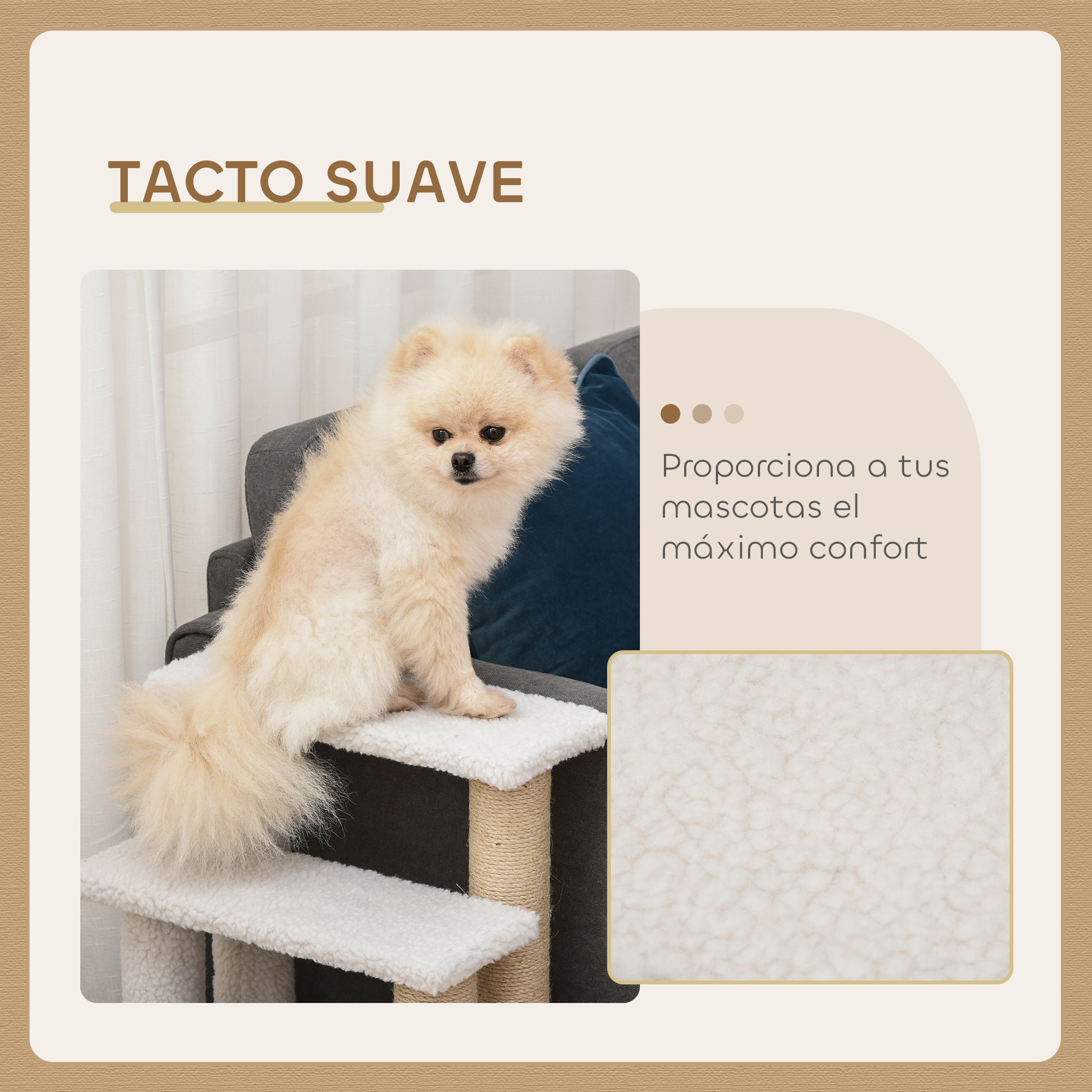 Un Pomerania esponjoso se sienta en un rascador blanco con cuerda.