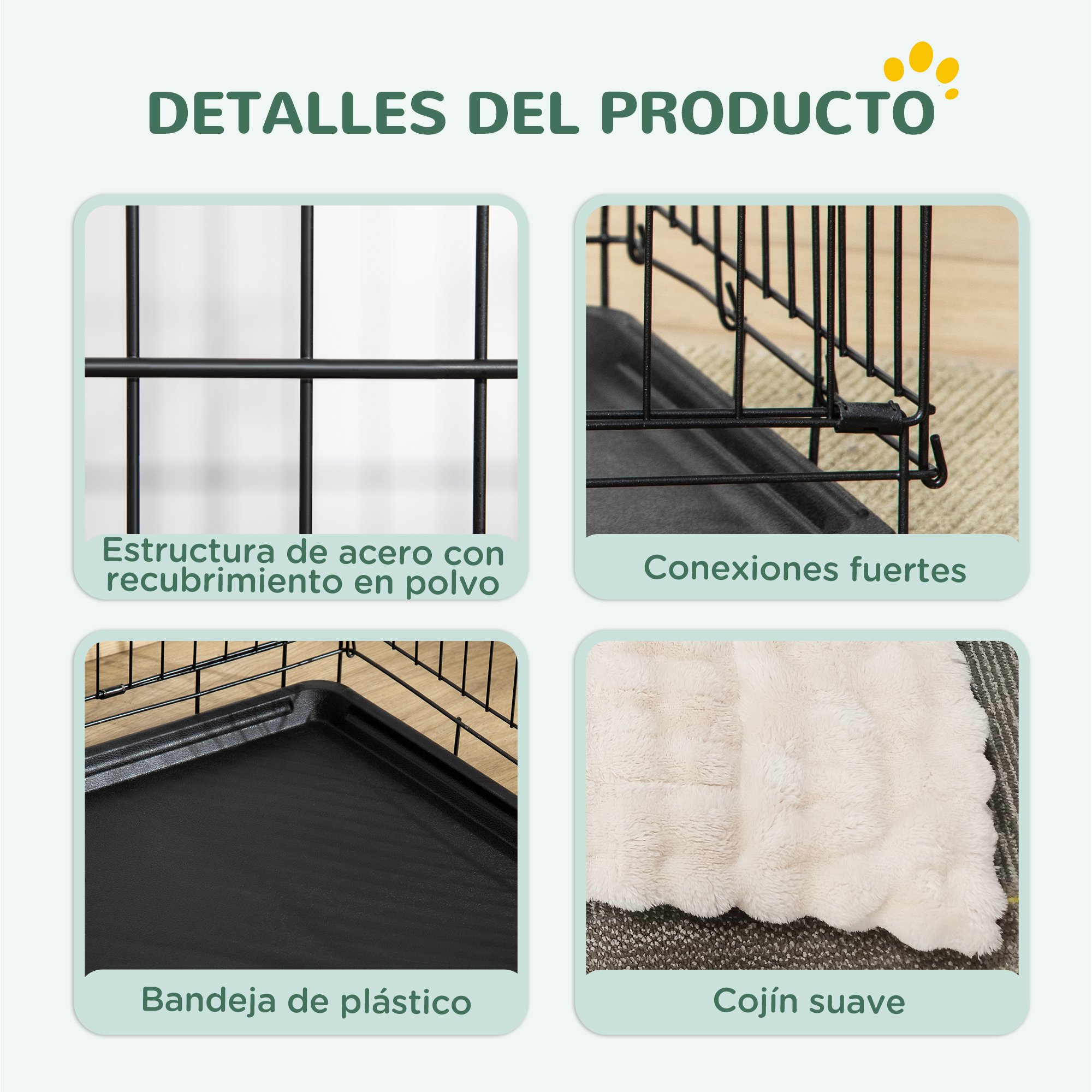Cuatro imágenes del producto: marco de acero, conexiones, bandeja, cojín.