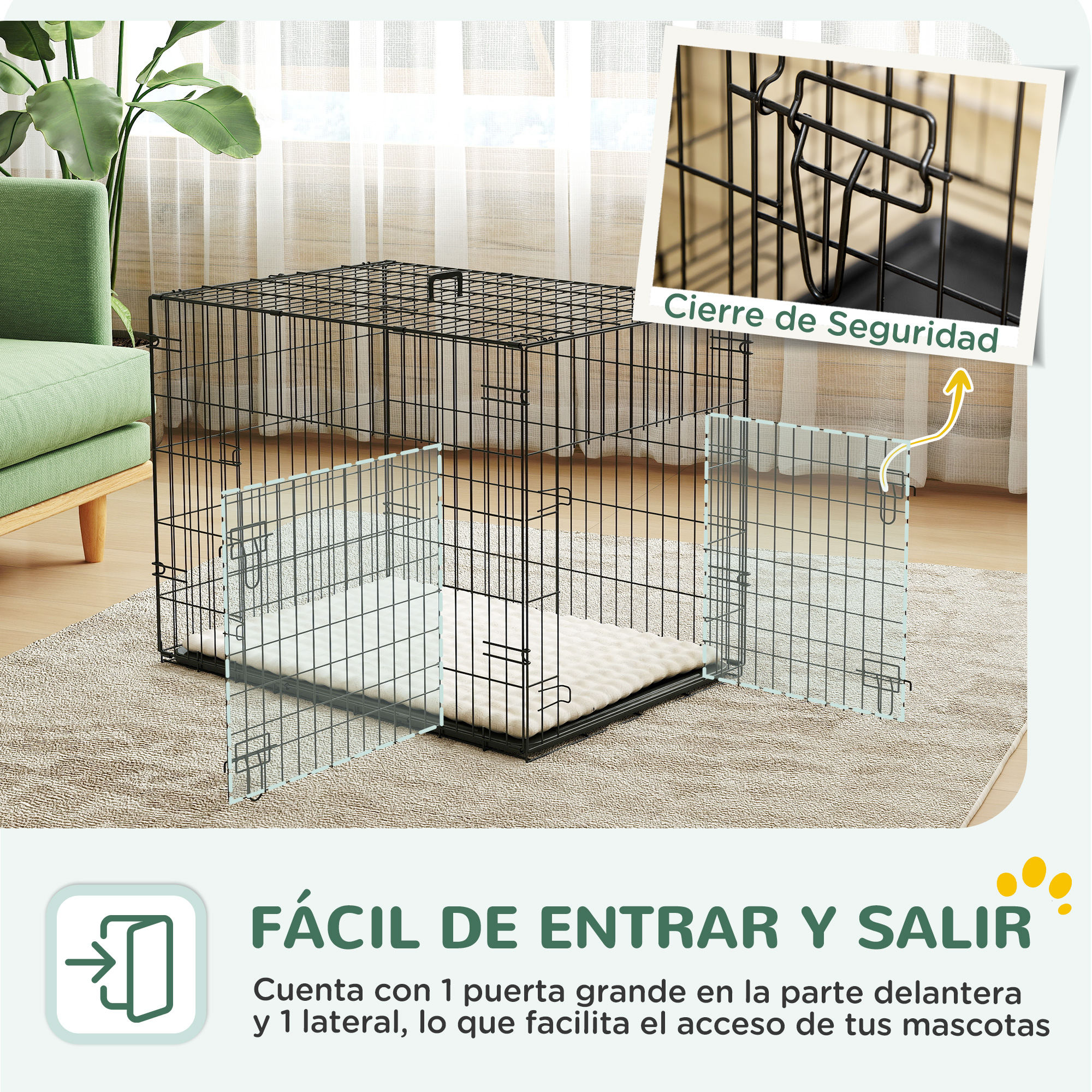 Una jaula negra para perros sobre alfombra, junto a un sillón verde. Cerca de pestillo.