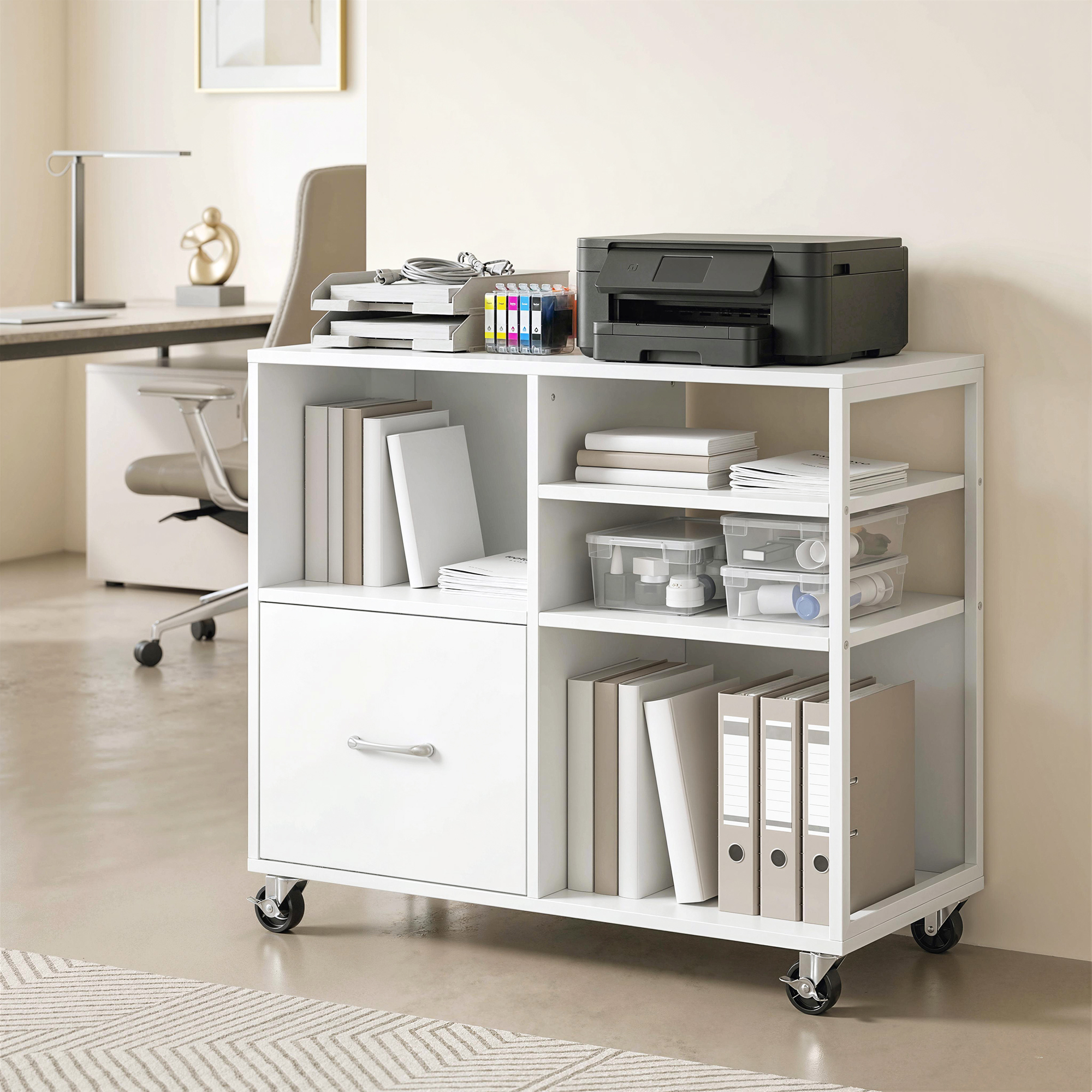 Un mobile bianco su ruote contiene stampante, libri e contenitori. Scrivania visibile.