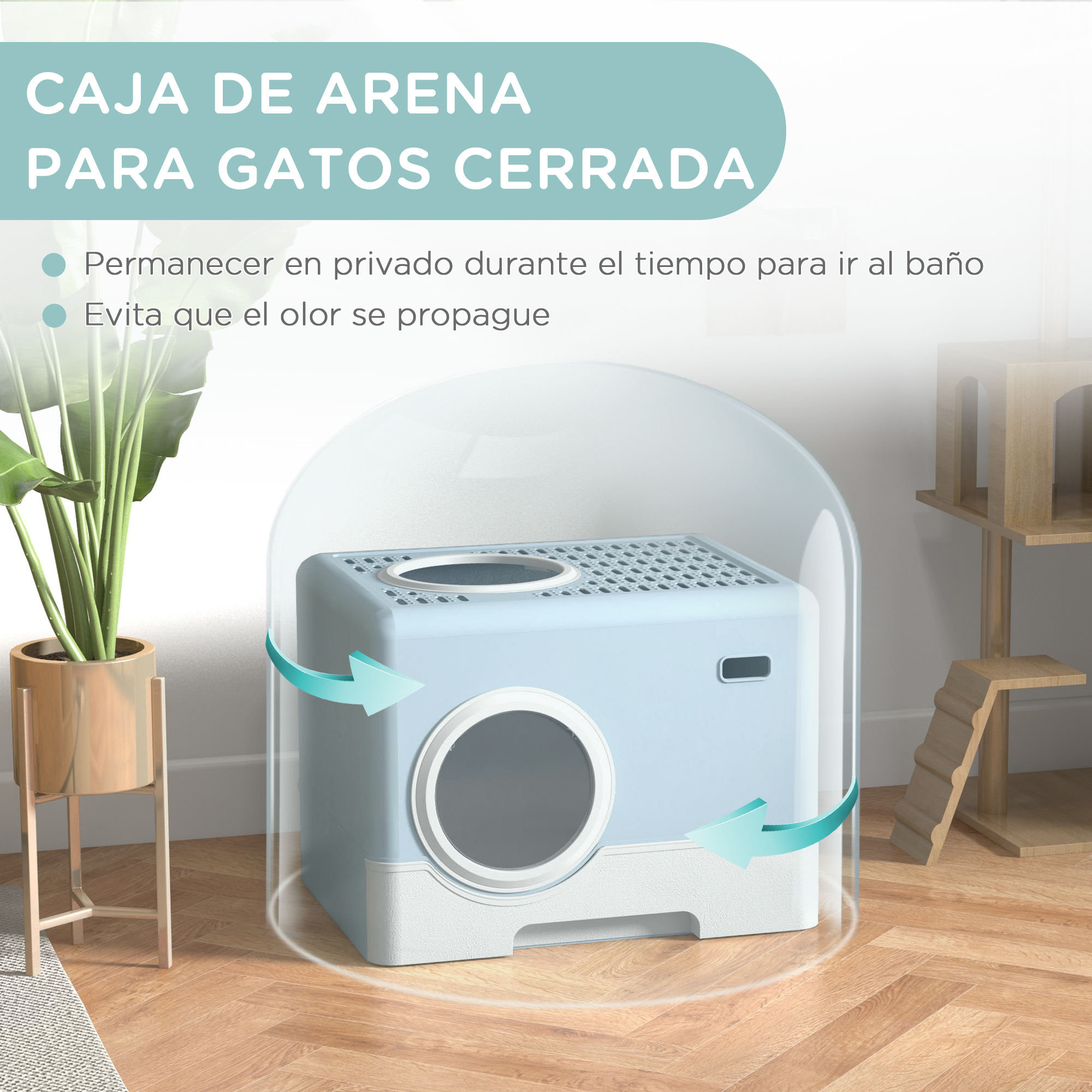 Una caja de arena cerrada para gatos con entrada y ventilación superior.