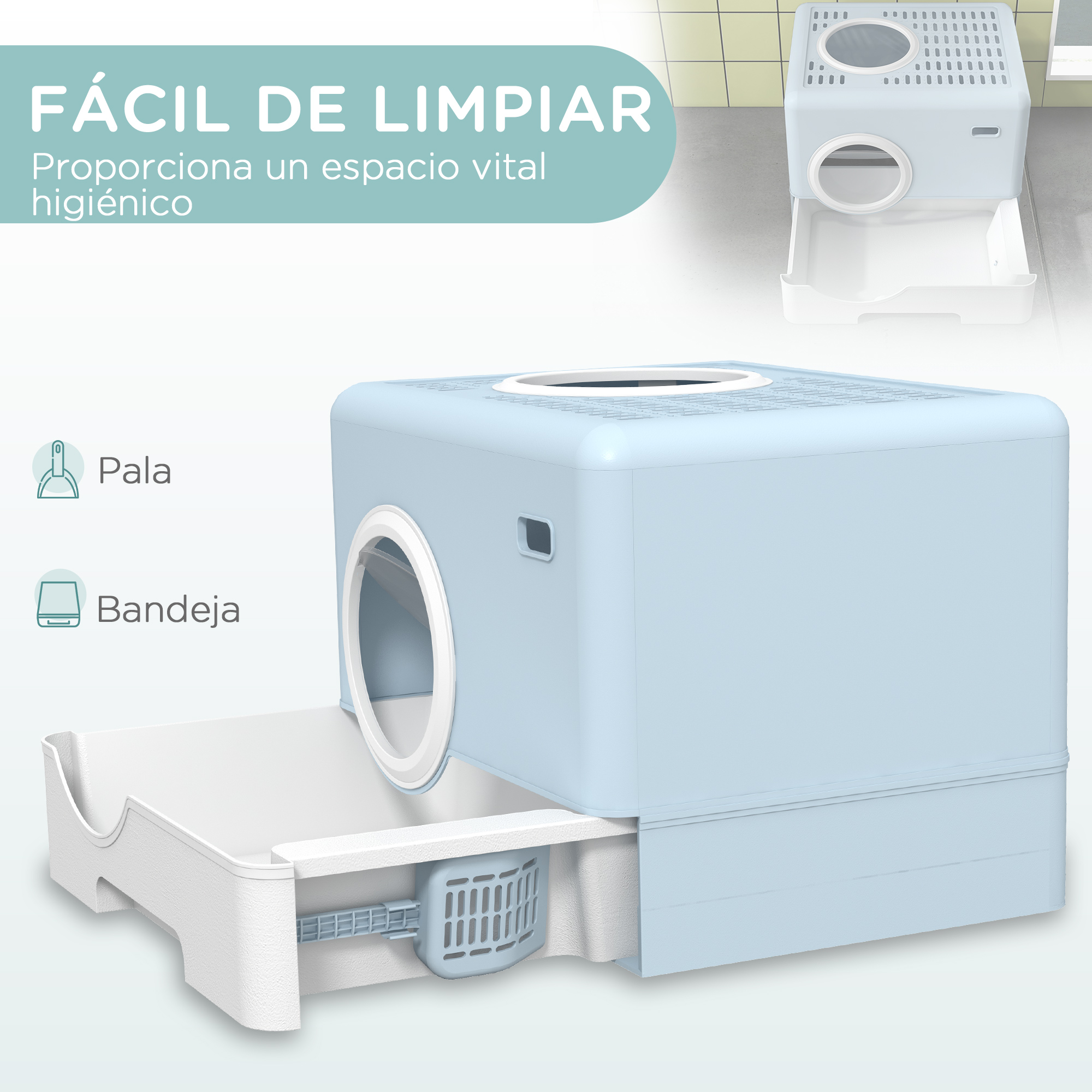 Bandeja para gatos azul claro con cajón extraíble y pala.