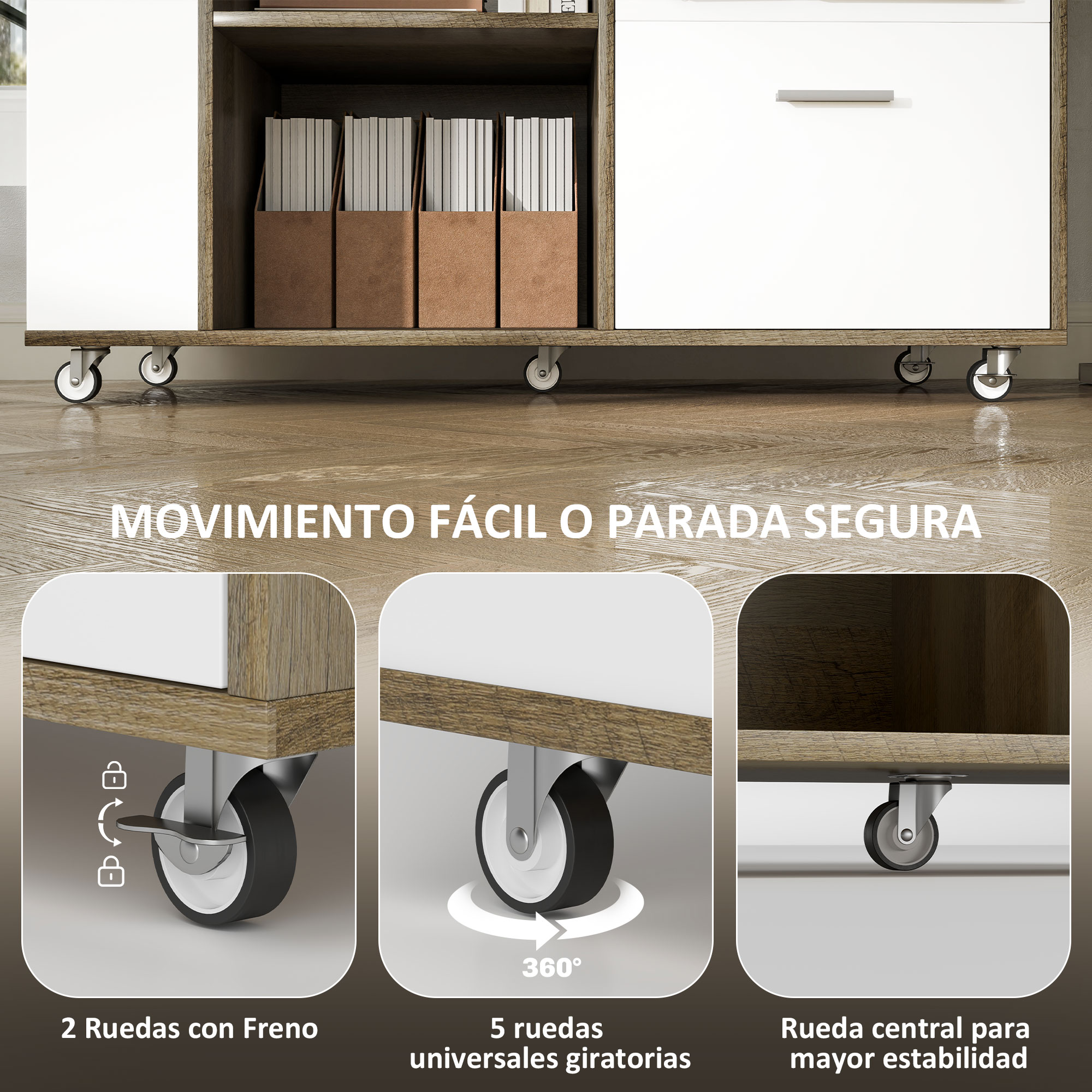 Mueble con ruedas: con freno, giratorio 360° y rueda central para estabilidad.
