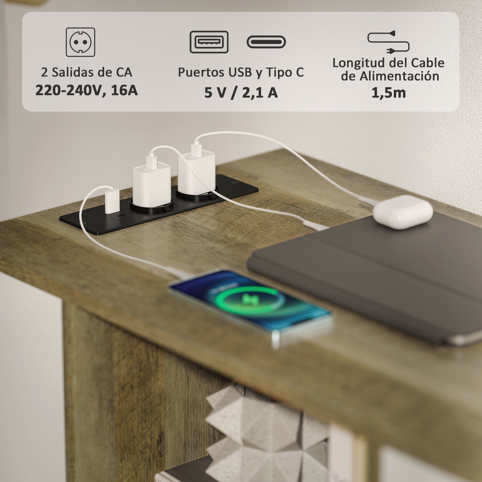 Estación de carga con 2 tomas de CA, puertos USB-A, USB-C y cable de 1,5m.