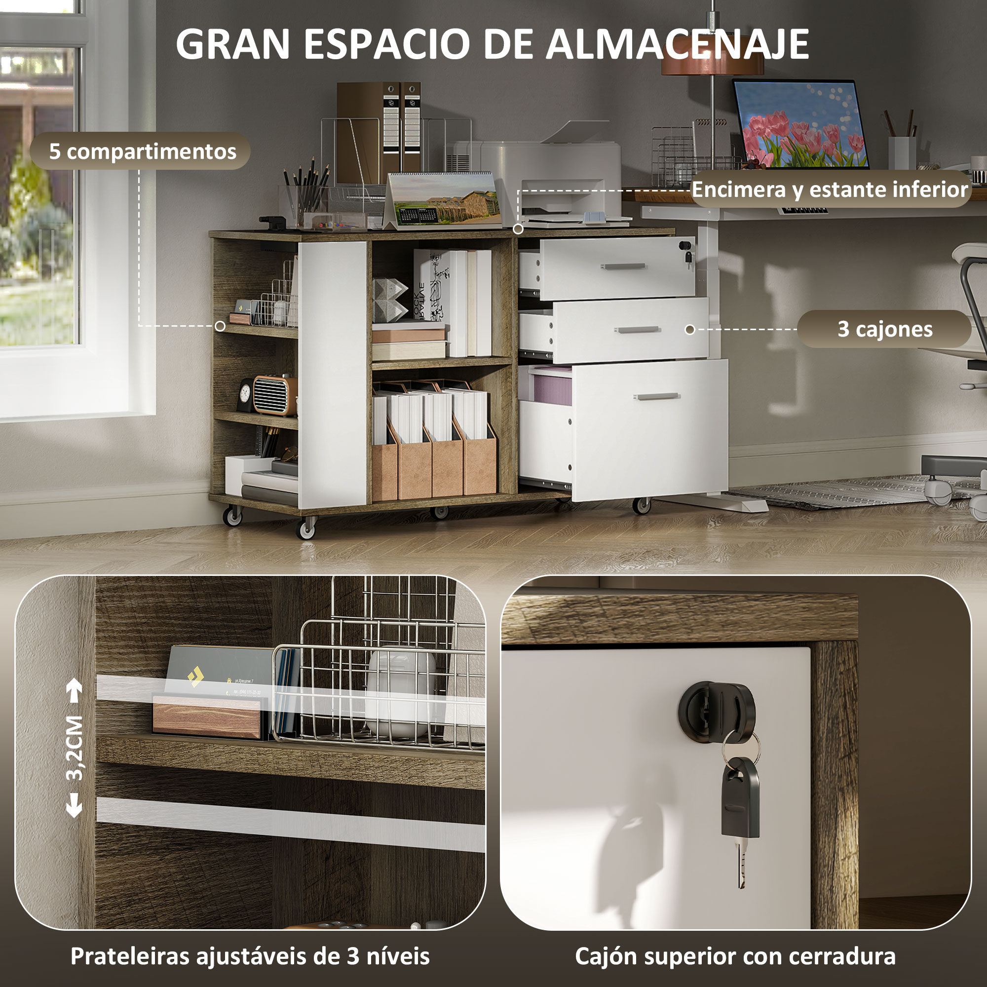 Almacenamiento de oficina con 5 compartimentos, 3 cajones, estantes ajustables y cajón con cerradura.