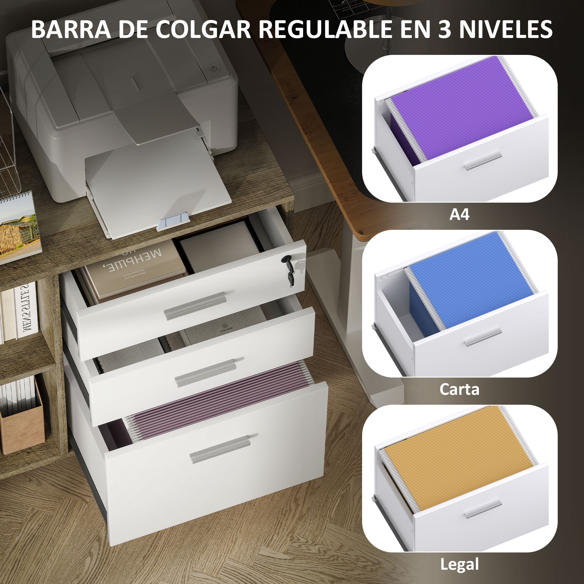 Escritorio con impresora y cajones abiertos mostrando carpetas colgantes moradas, azules y amarillas.
