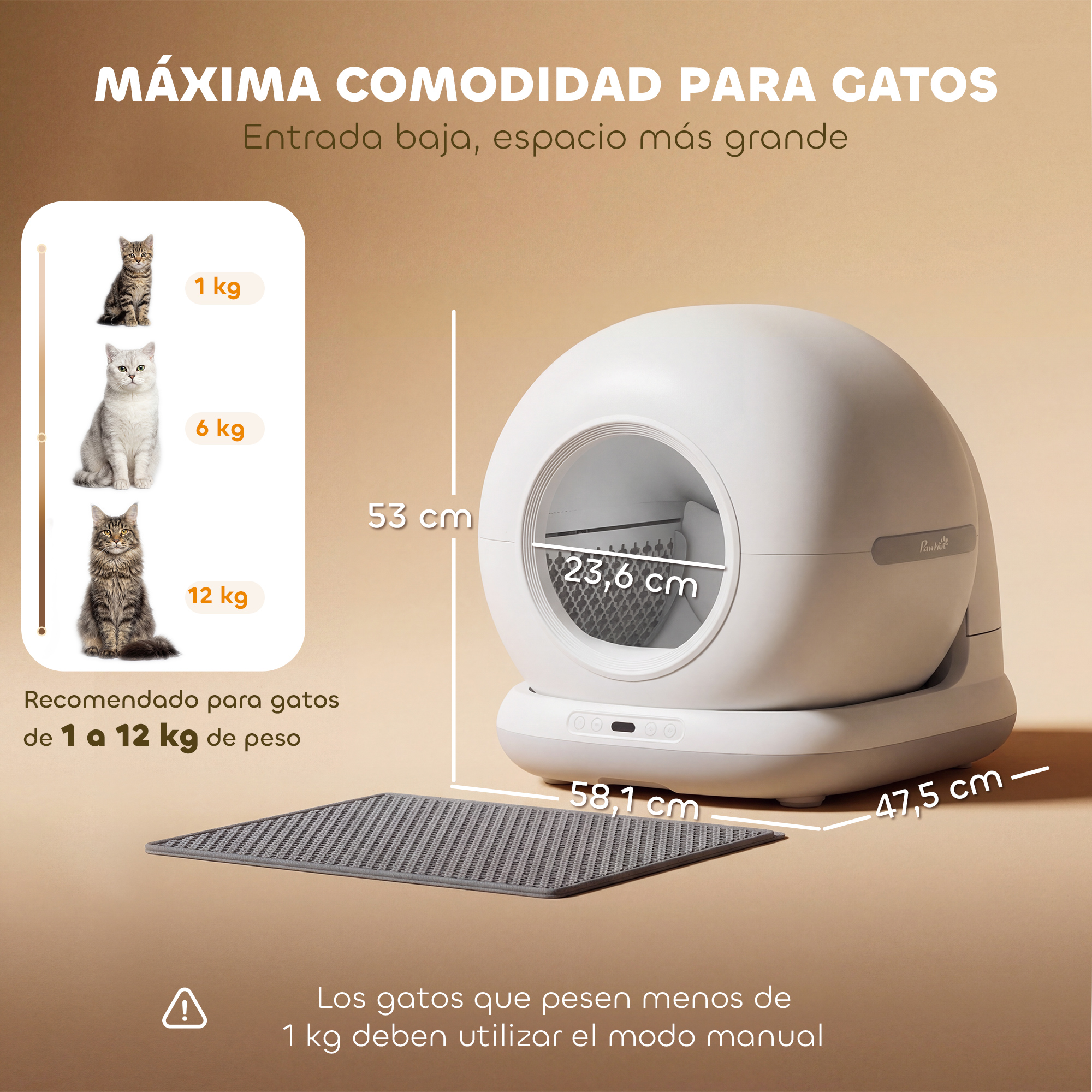 Una caja de arena automática blanca con dimensiones y fotos de gatos. Para gatos de 1-12 kg.