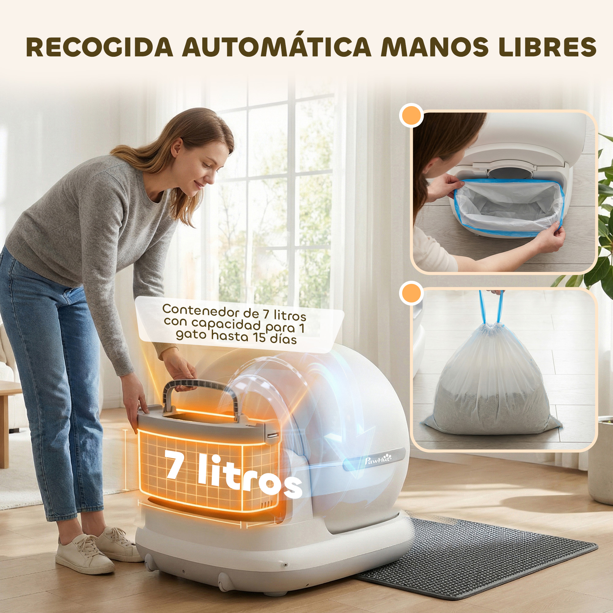 Una mujer cambia un contenedor de 7 litros en una caja de arena para gatos.