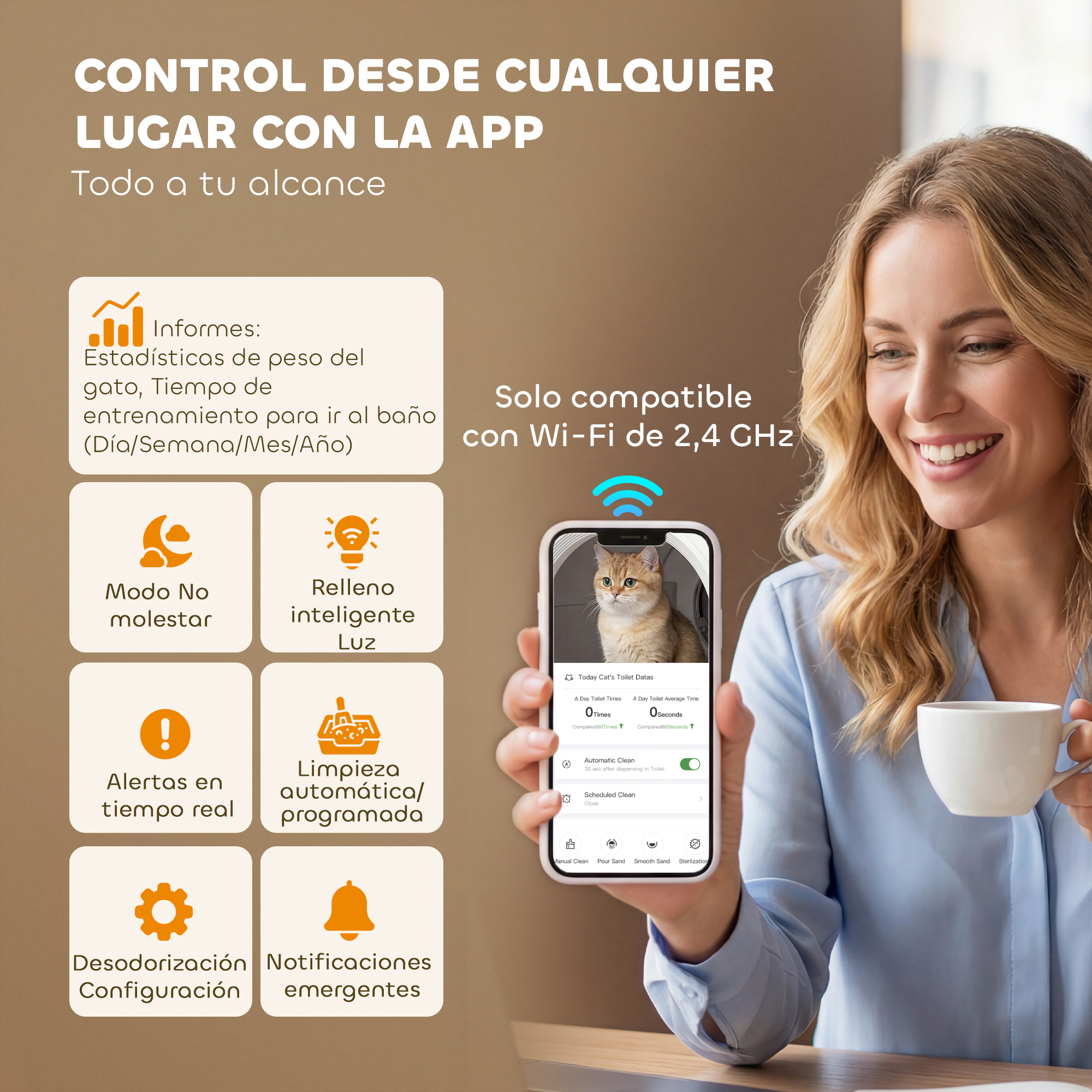 Mujer con taza sostiene teléfono con app de gato, ítems de menú al lado.