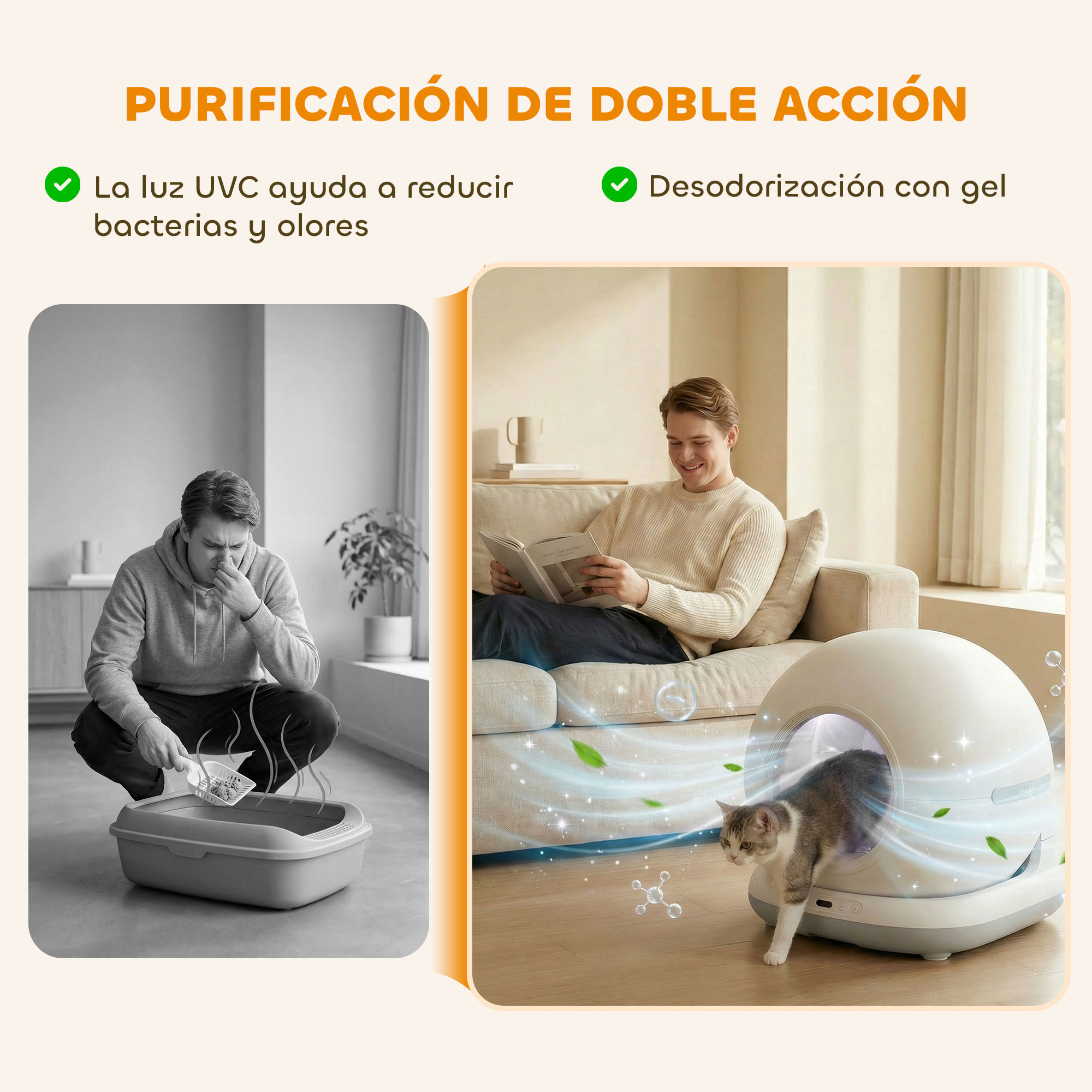 Hombre con recogedor de arena, hombre leyendo en sofá, gato saliendo.