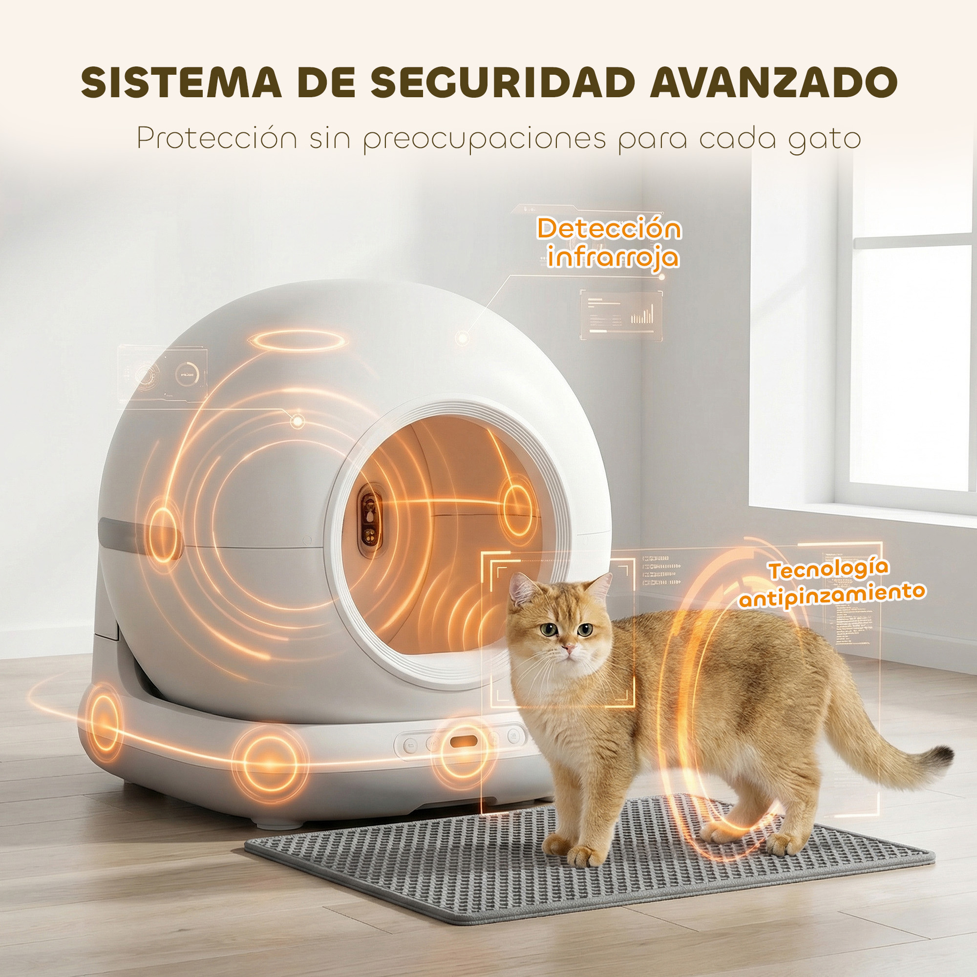 Un gato junto a un arenero blanco futurista con efectos de luz naranja.