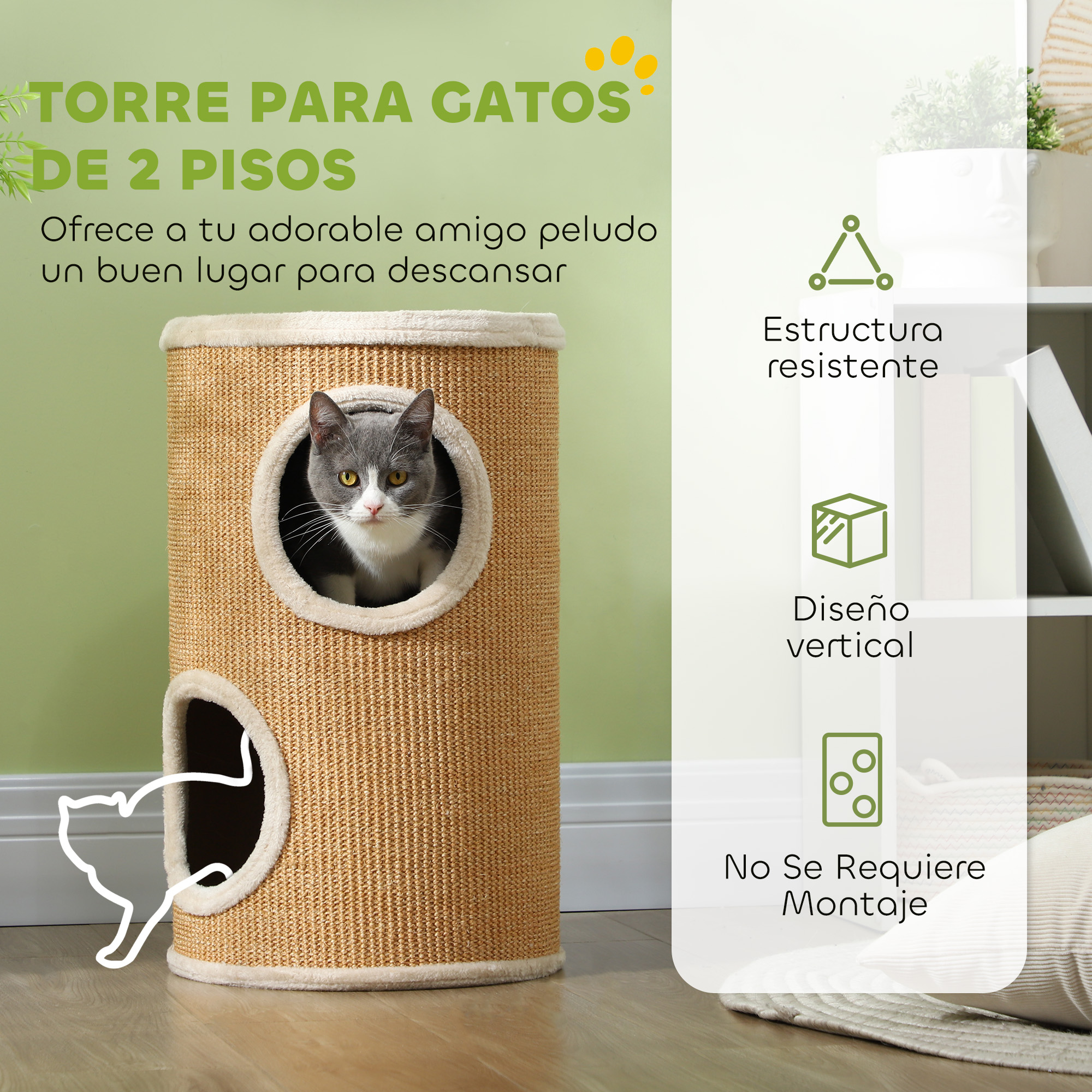 Árbol para gatos de dos pisos con dos aberturas; un gato mira desde una.