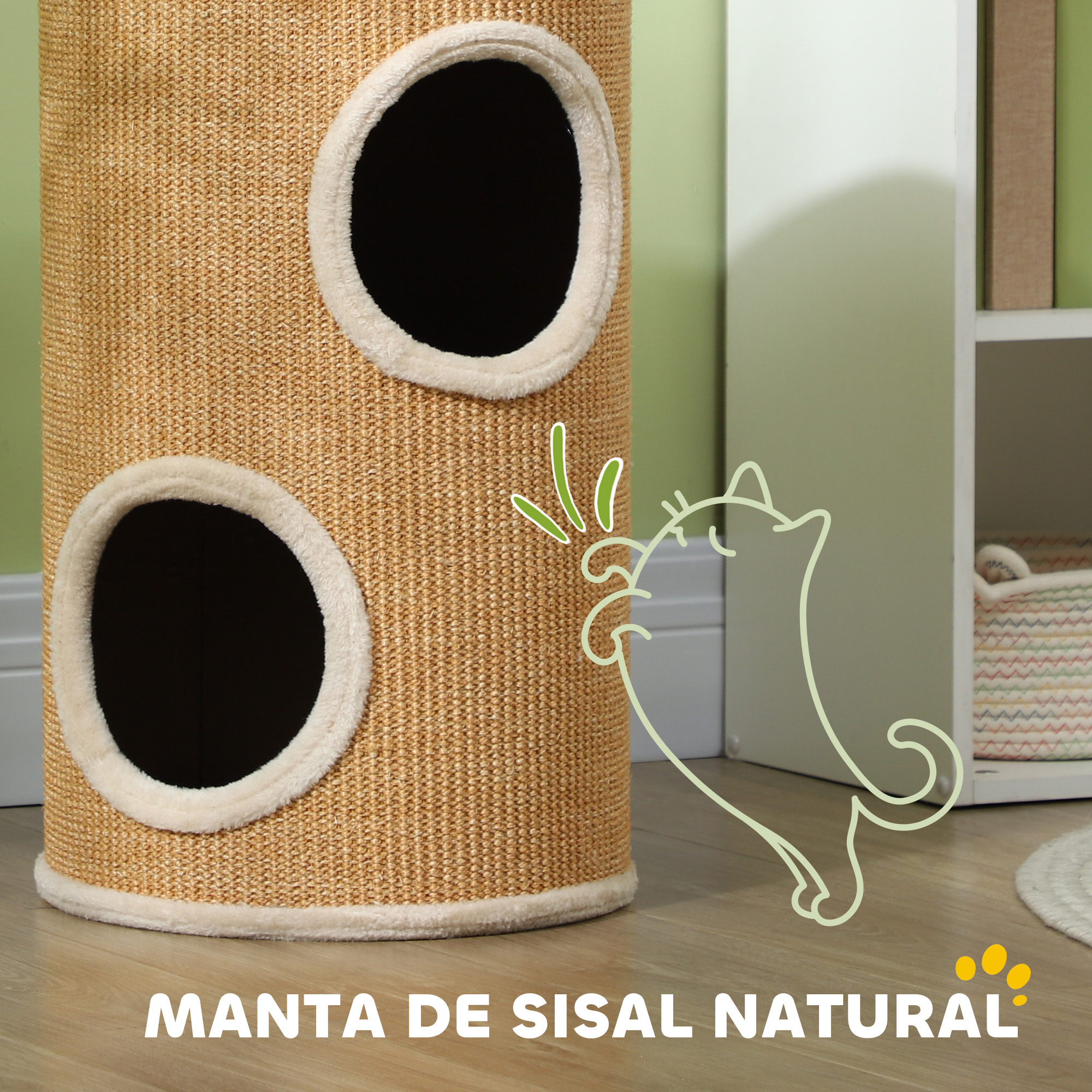 Árbol rascador de sisal natural con dos aberturas y un dibujo de gato.