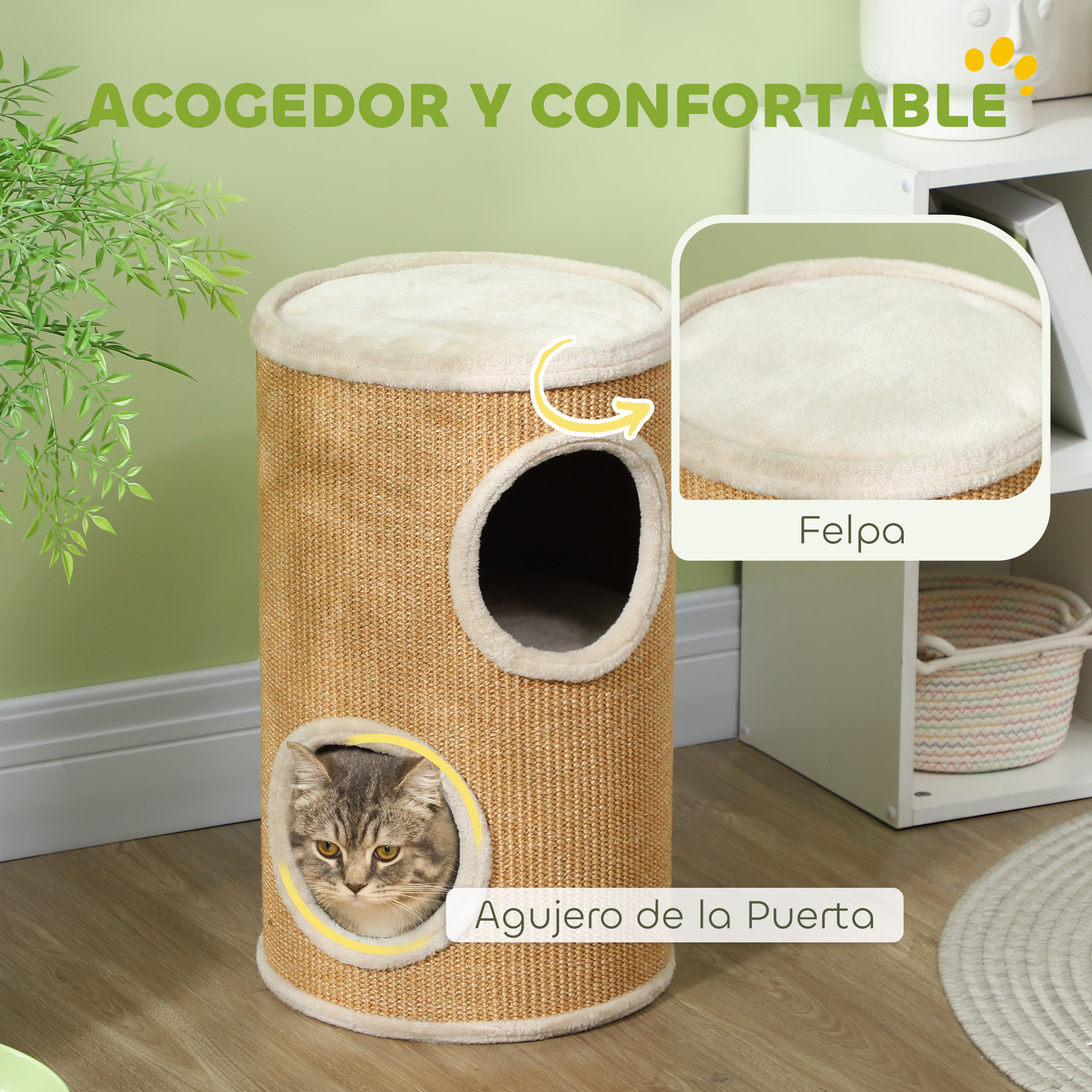 Un gato atigrado mira desde un rascador marrón con varias aberturas.
