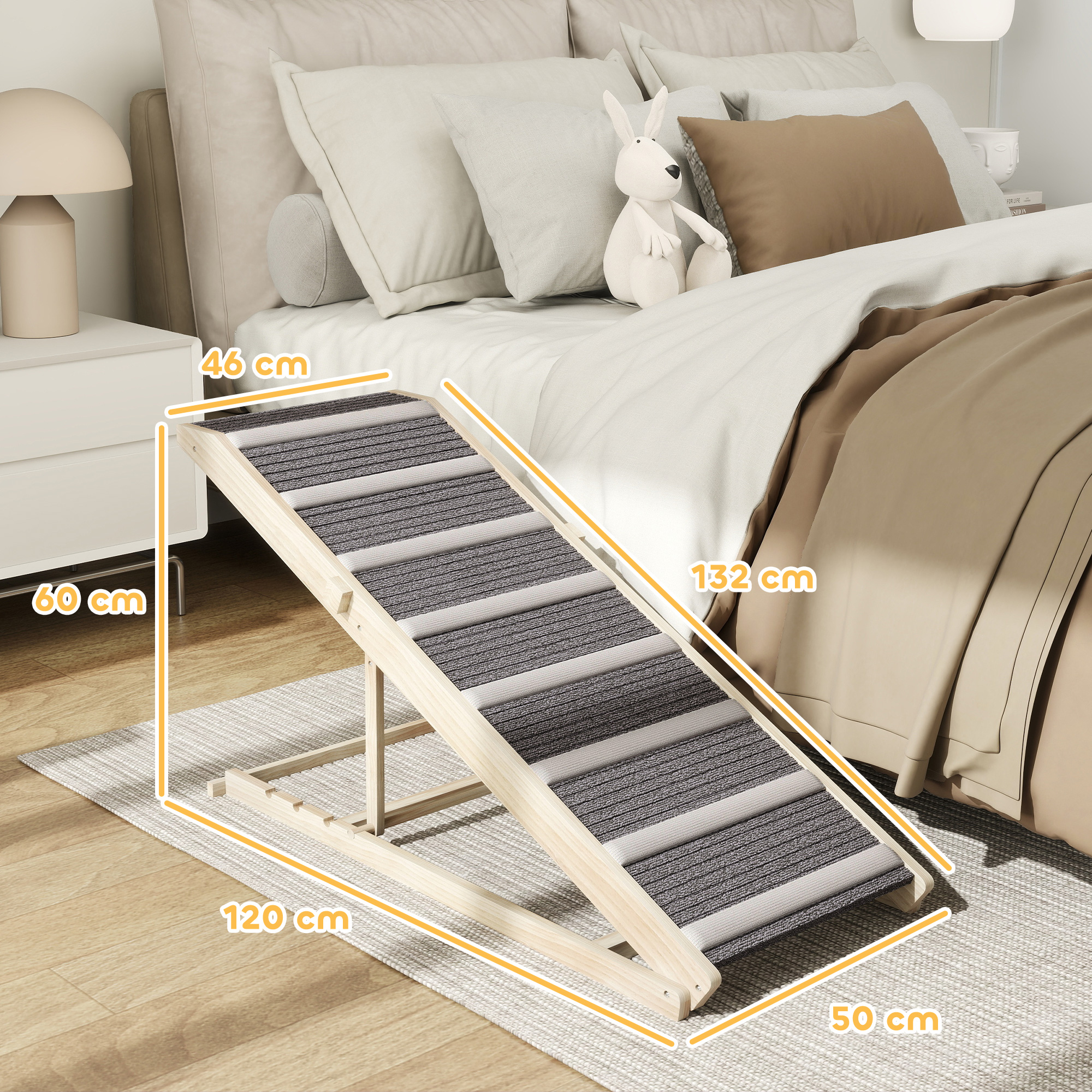 Rampa de perro de madera con escalones alfombrados, mide 120x50x46 cm.