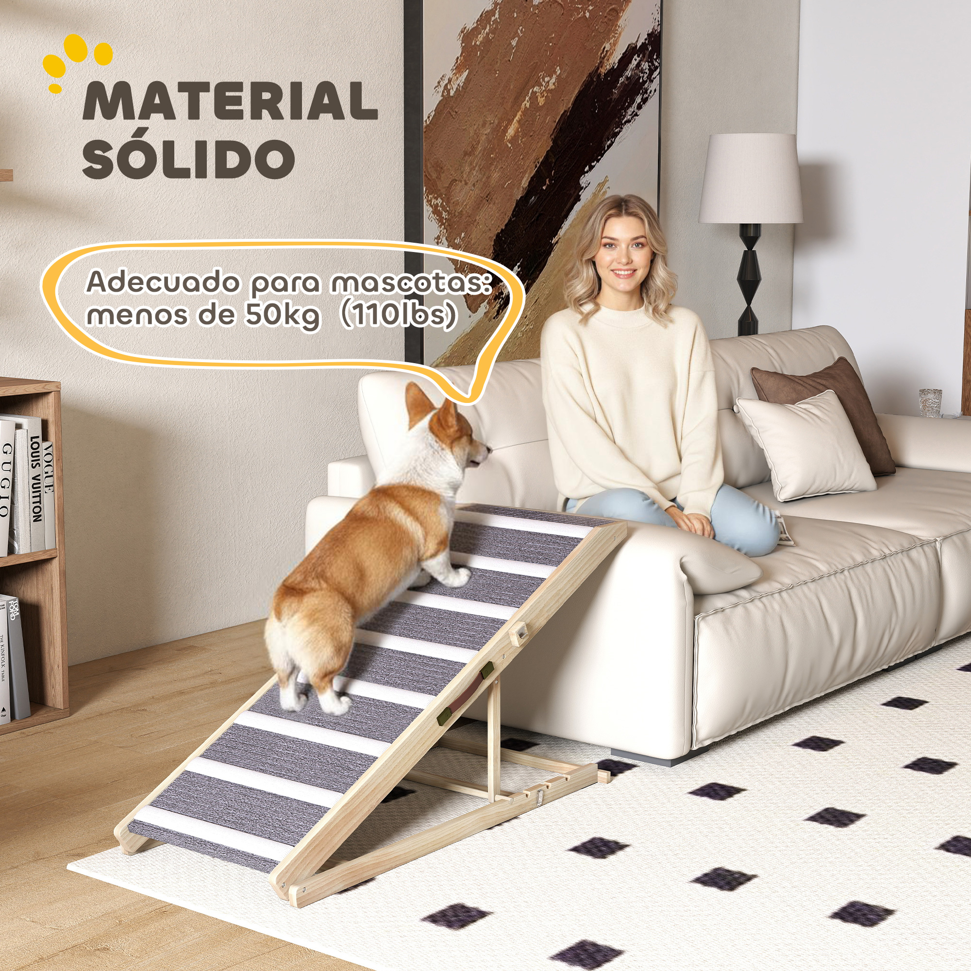 Un corgi sube una rampa, una mujer sentada en un sofá.