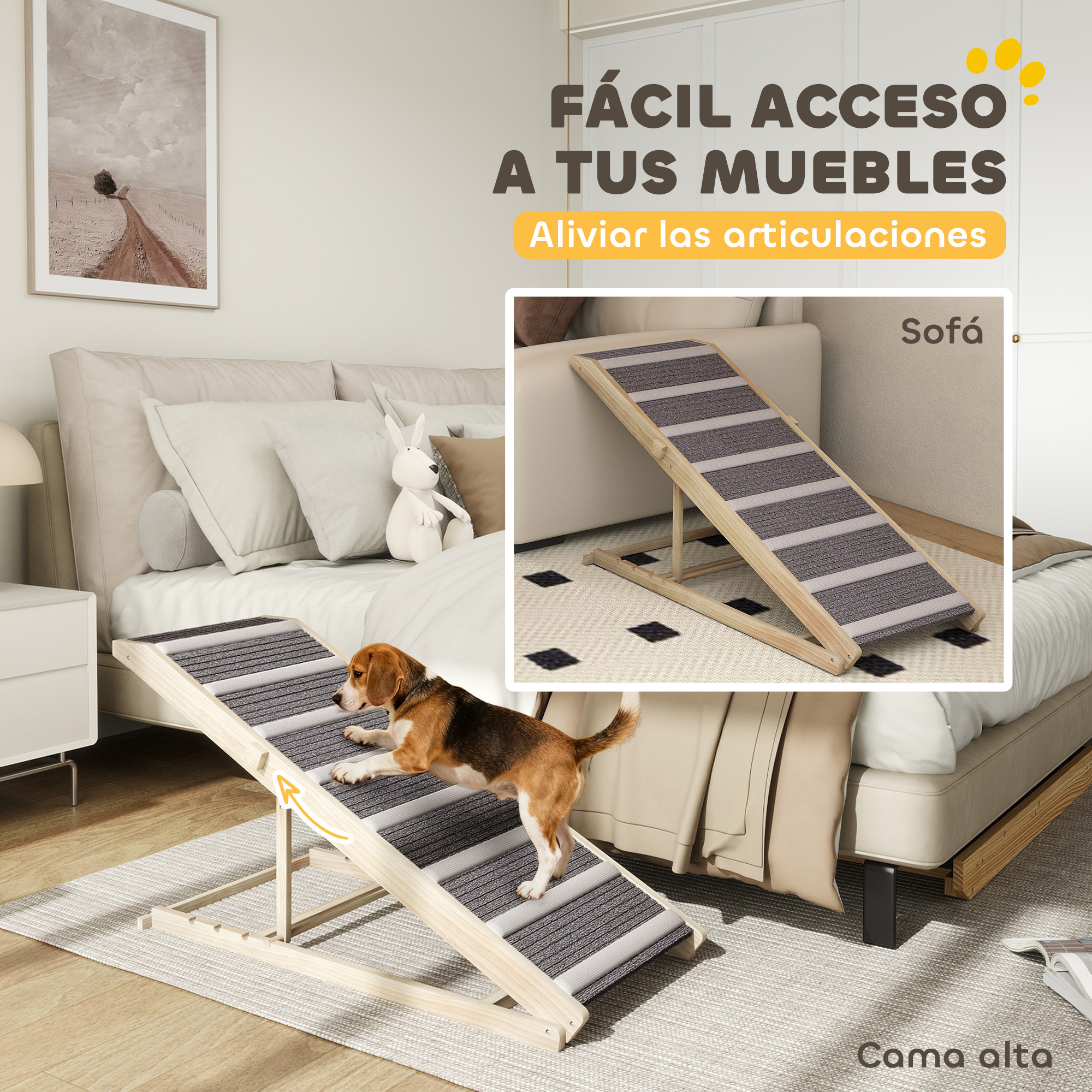 Un perro beagle sube una rampa de madera con rayas grises y blancas en un dormitorio.