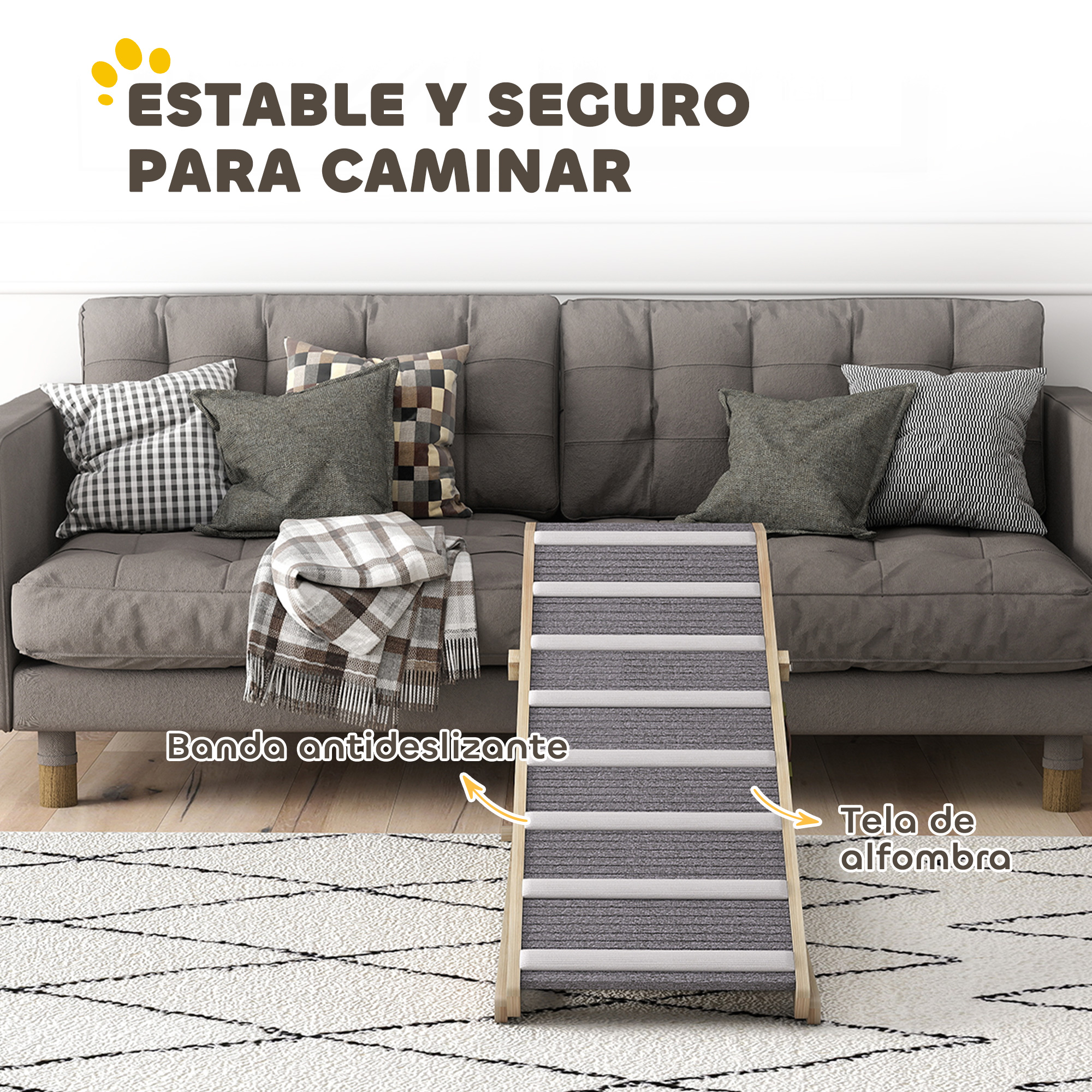 Rampa gris para perros con textura de alfombra y marco de madera.