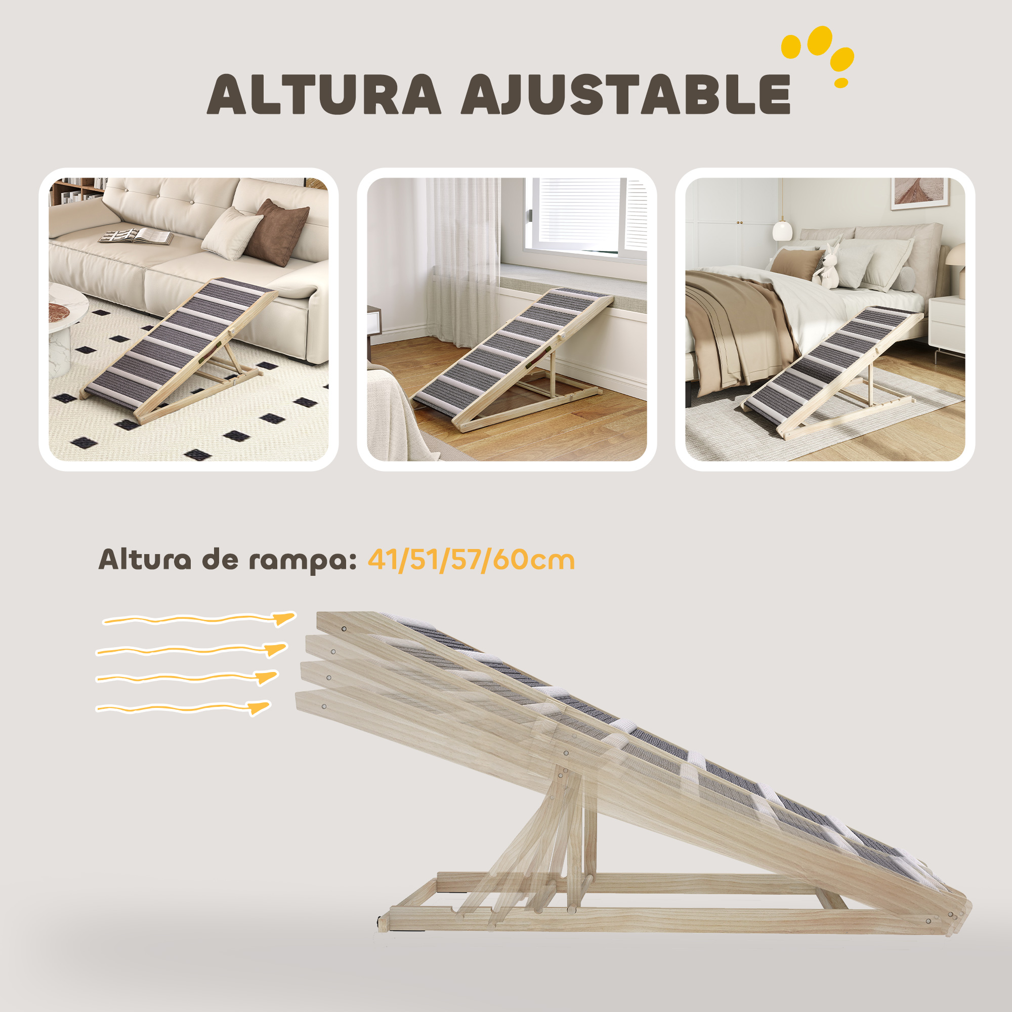 Rampa de madera ajustable para mascotas con rayas grises, mostrada en salones y dormitorios.