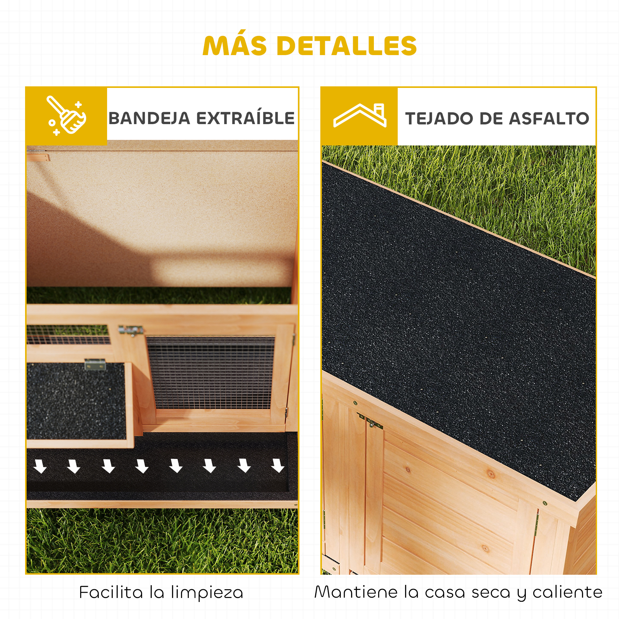 Una estructura de madera con bandeja extraíble y tejado de asfalto.