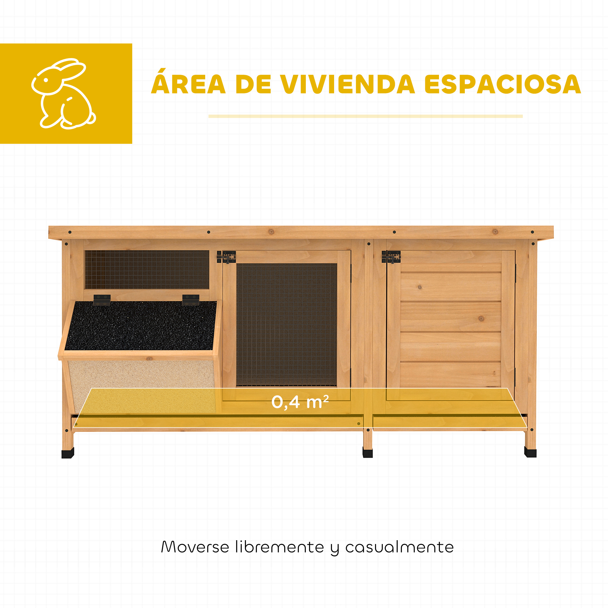 Conejera de madera con dos niveles, un área abierta y un área cerrada.