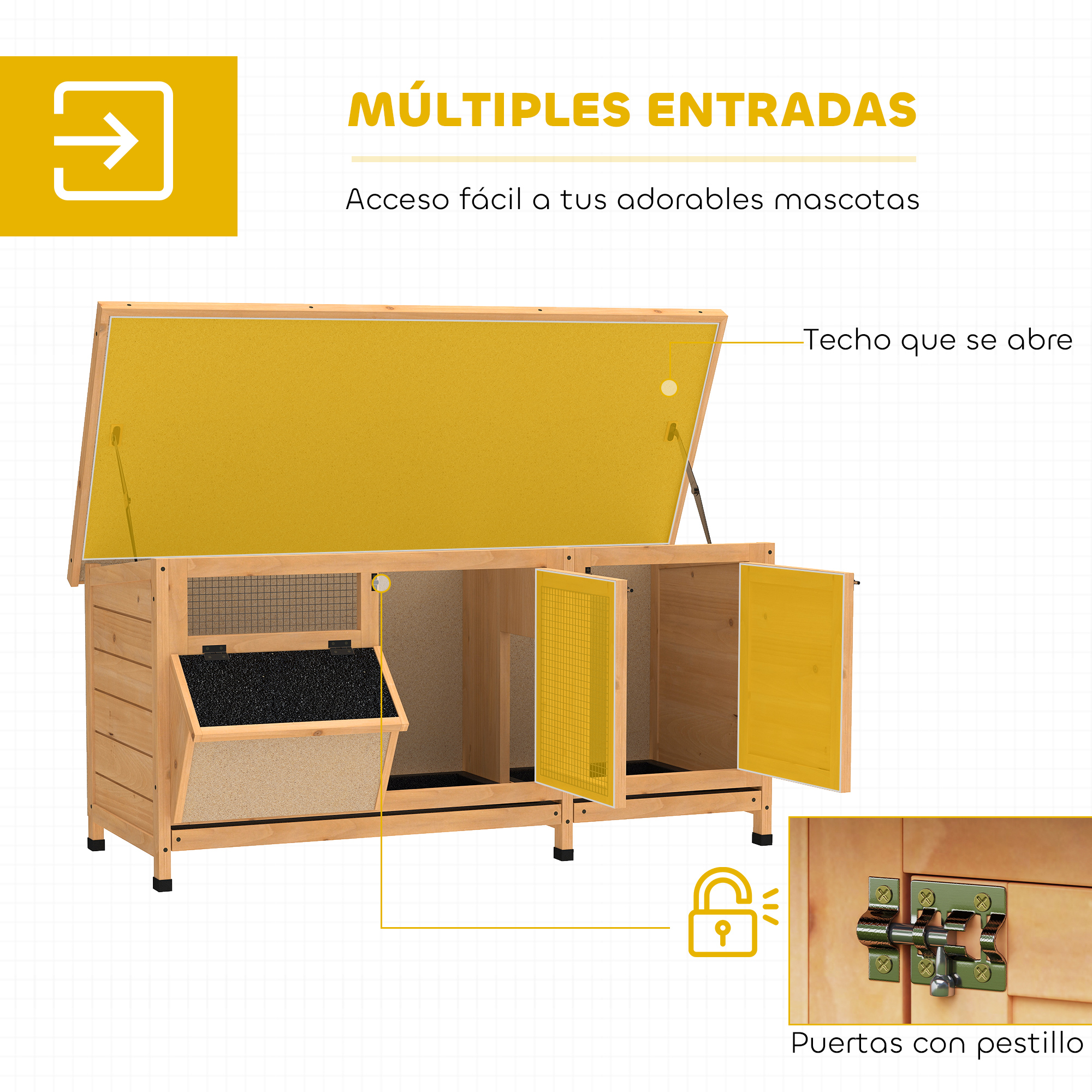 Un recinto de madera para mascotas con techo amarillo abatible y múltiples entradas.
