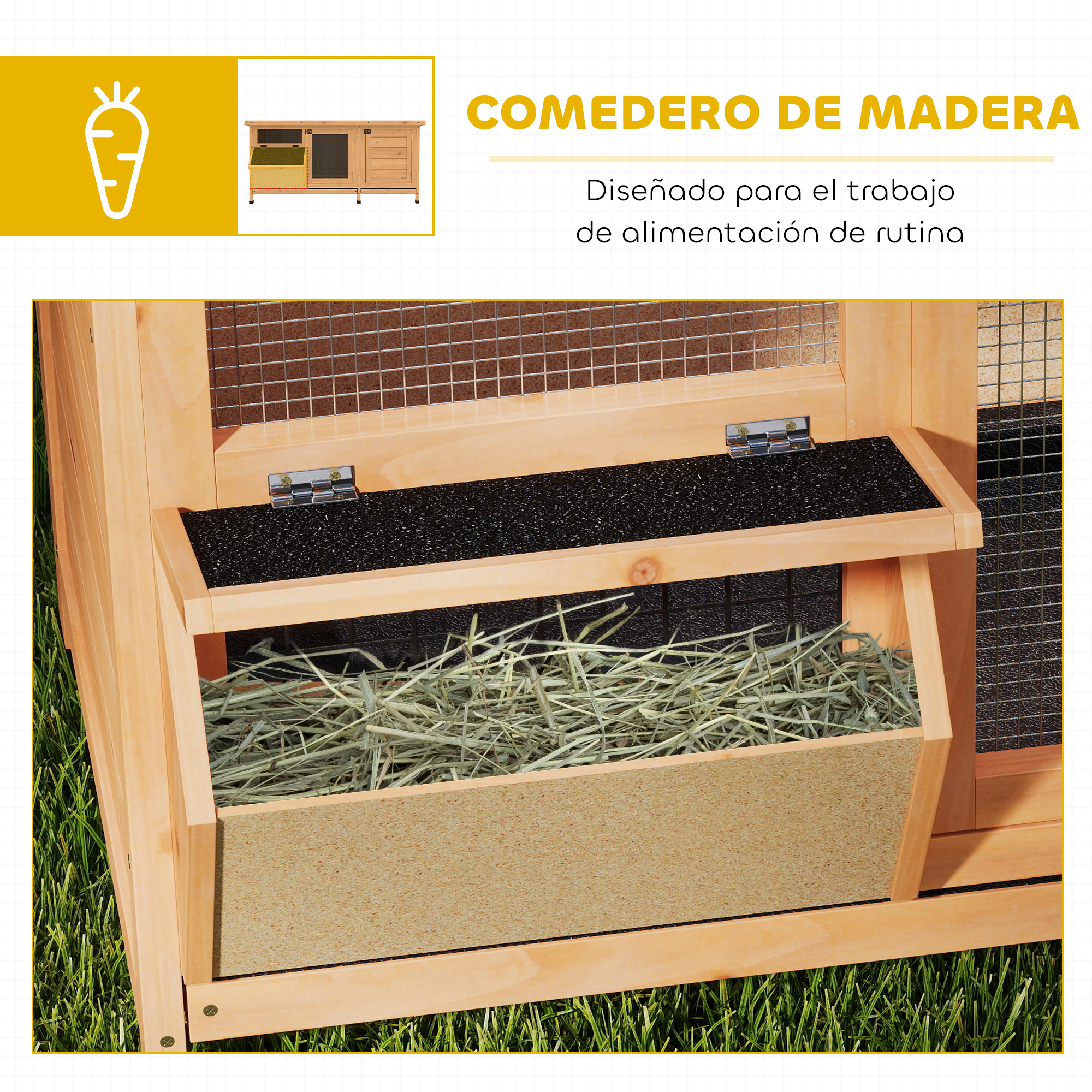 Caseta de madera con comedero de heno y ventana de malla.