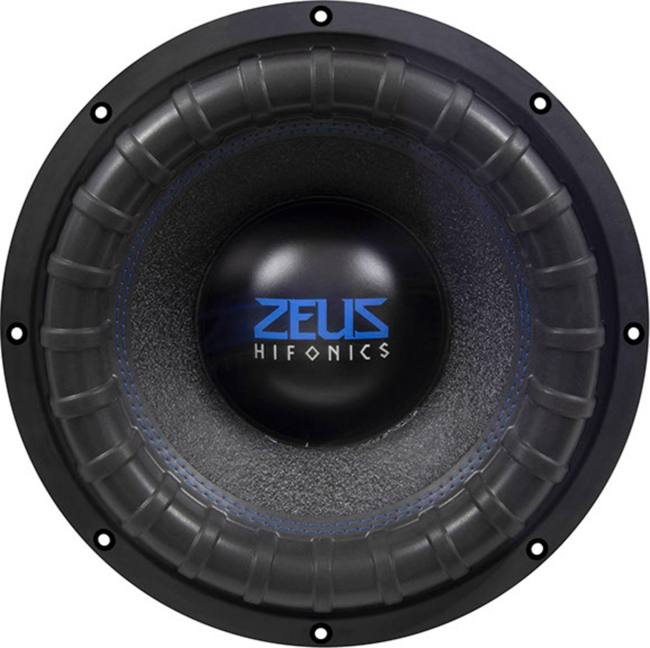 Schwarzer Hifonics Zeus Subwoofer mit blauer Naht und silbernem Logo.