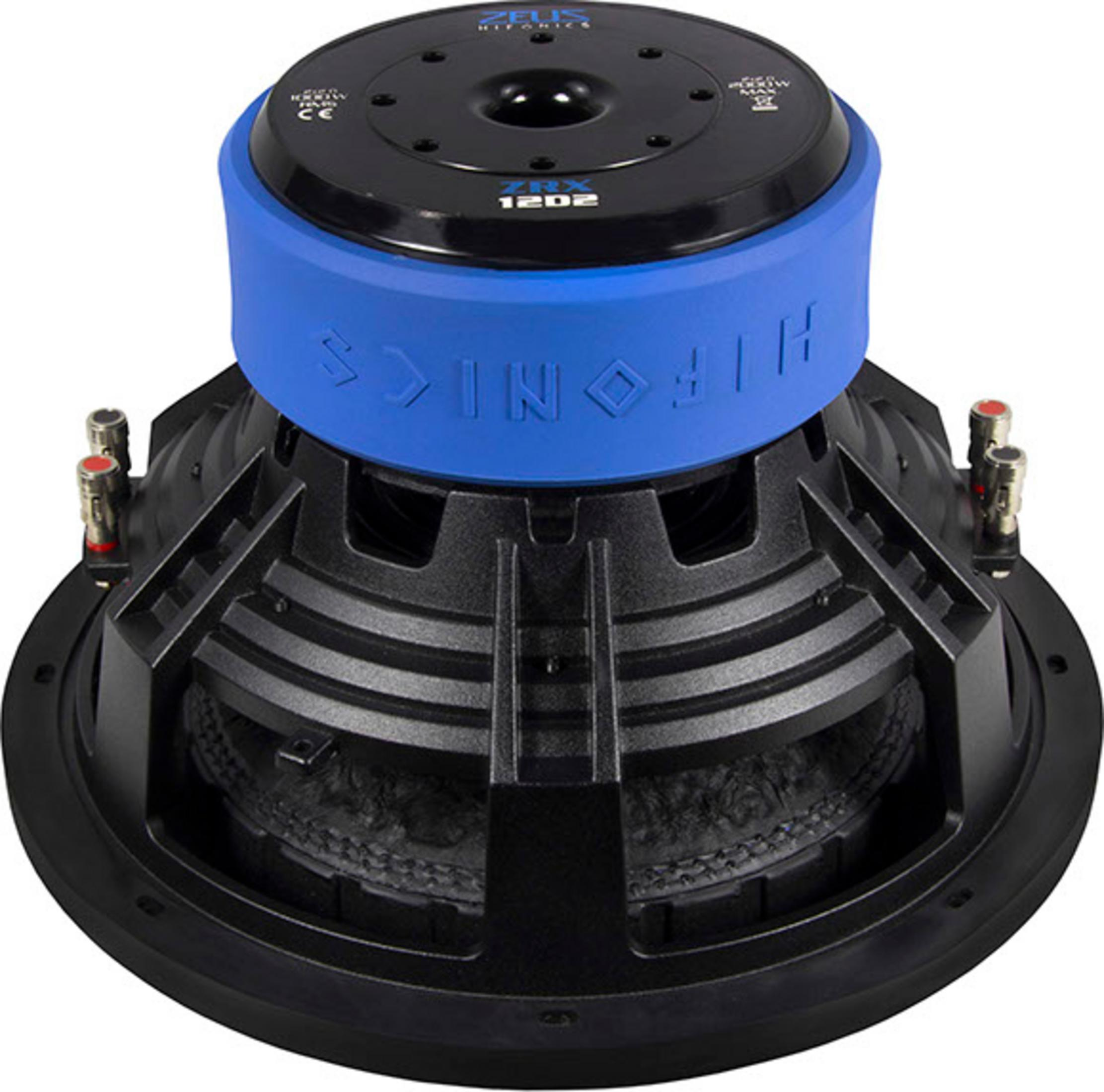 Schwarzer Subwoofer mit blauem Ring und silbernen Anschlüssen.