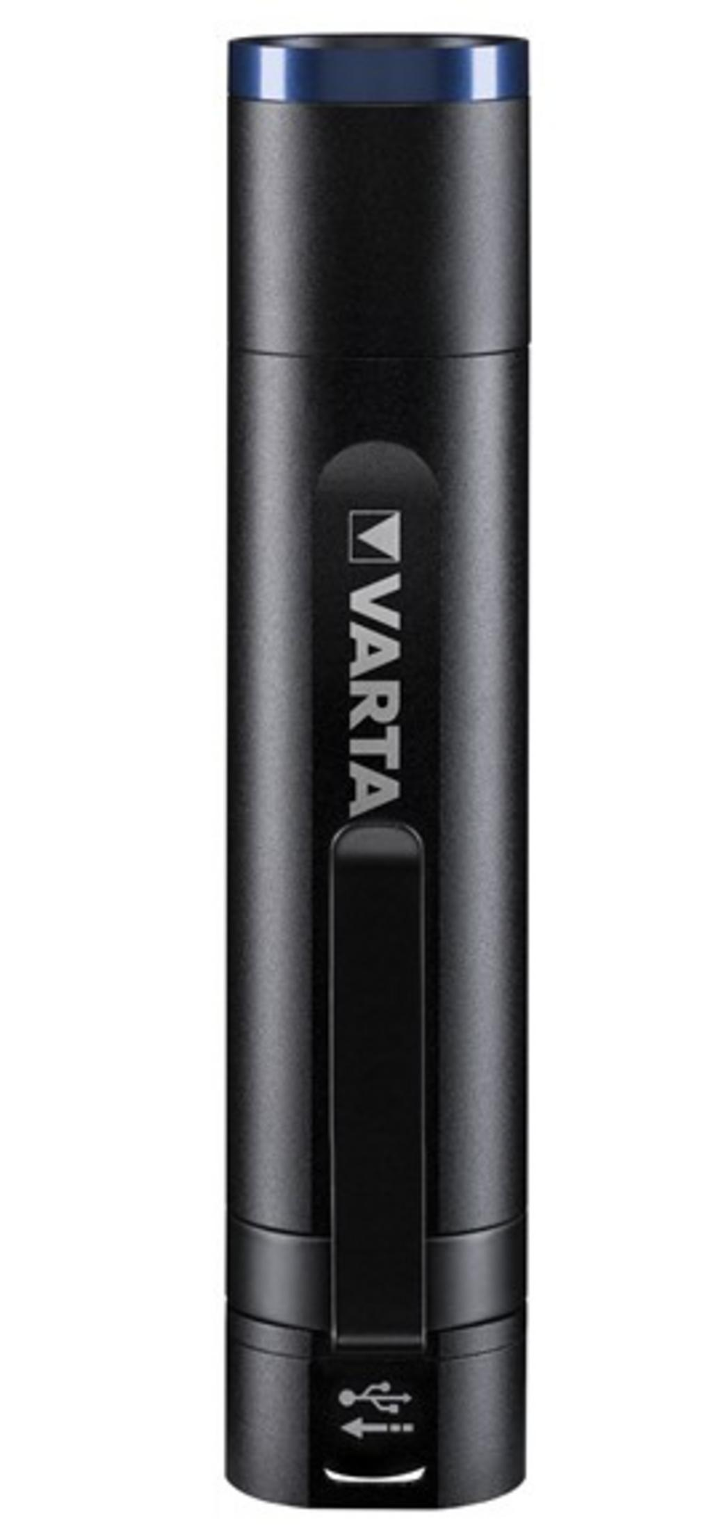 Corps de lampe torche USB Varta noir avec capuchon et clip bleus.