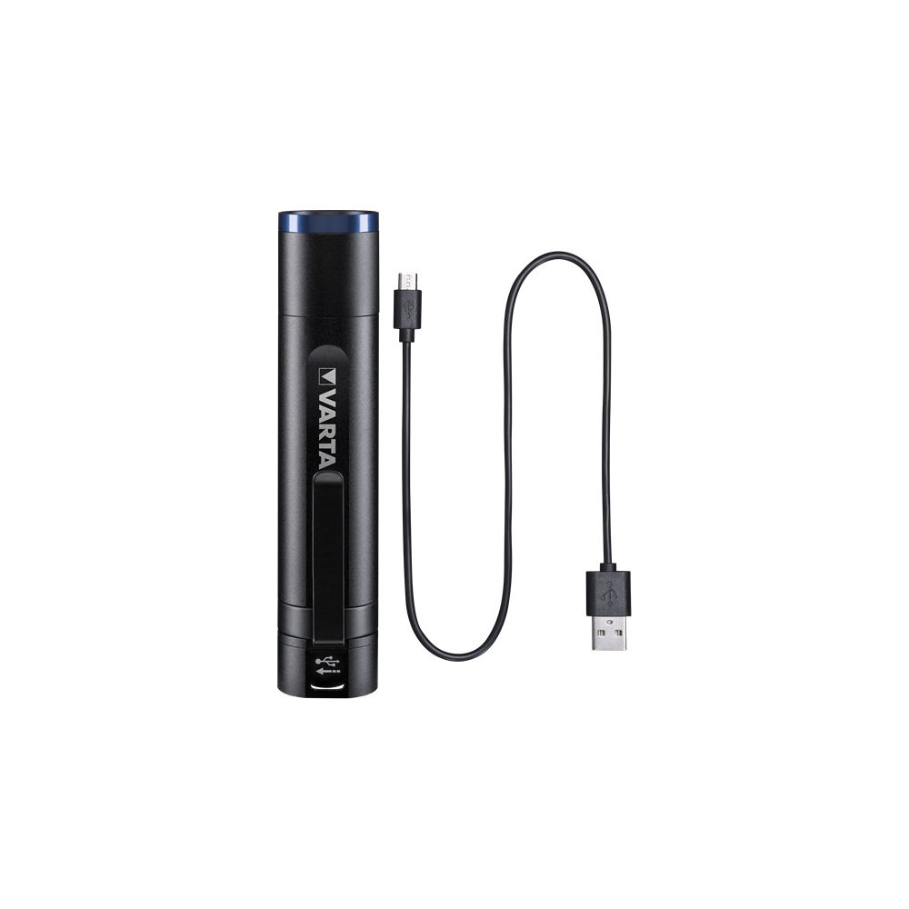 Corps de lampe torche Varta noir avec câble USB et connecteur USB-A.