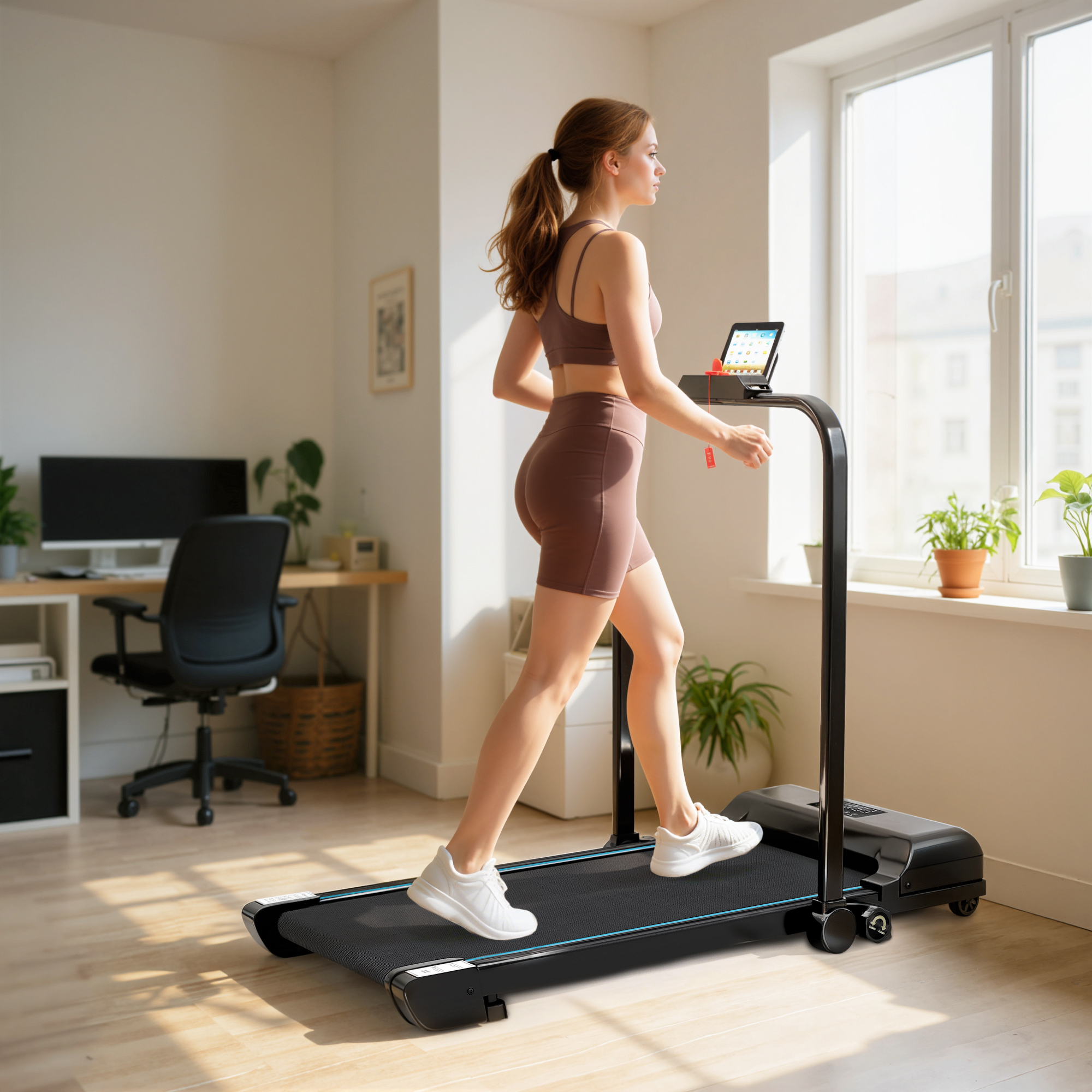Una mujer hace ejercicio en una cinta de correr en una habitación luminosa con un escritorio detrás.
