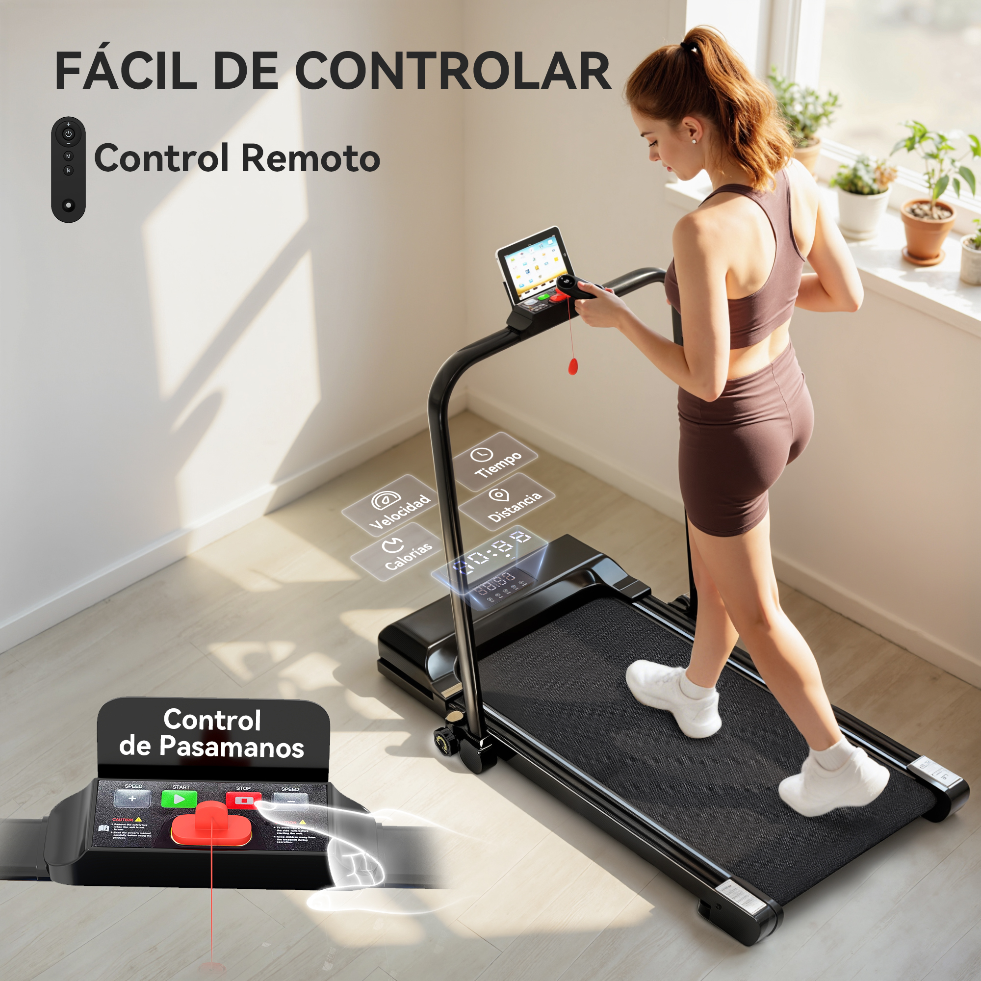 Una mujer corre en una cinta, con tablet y controles remotos para fácil manejo.
