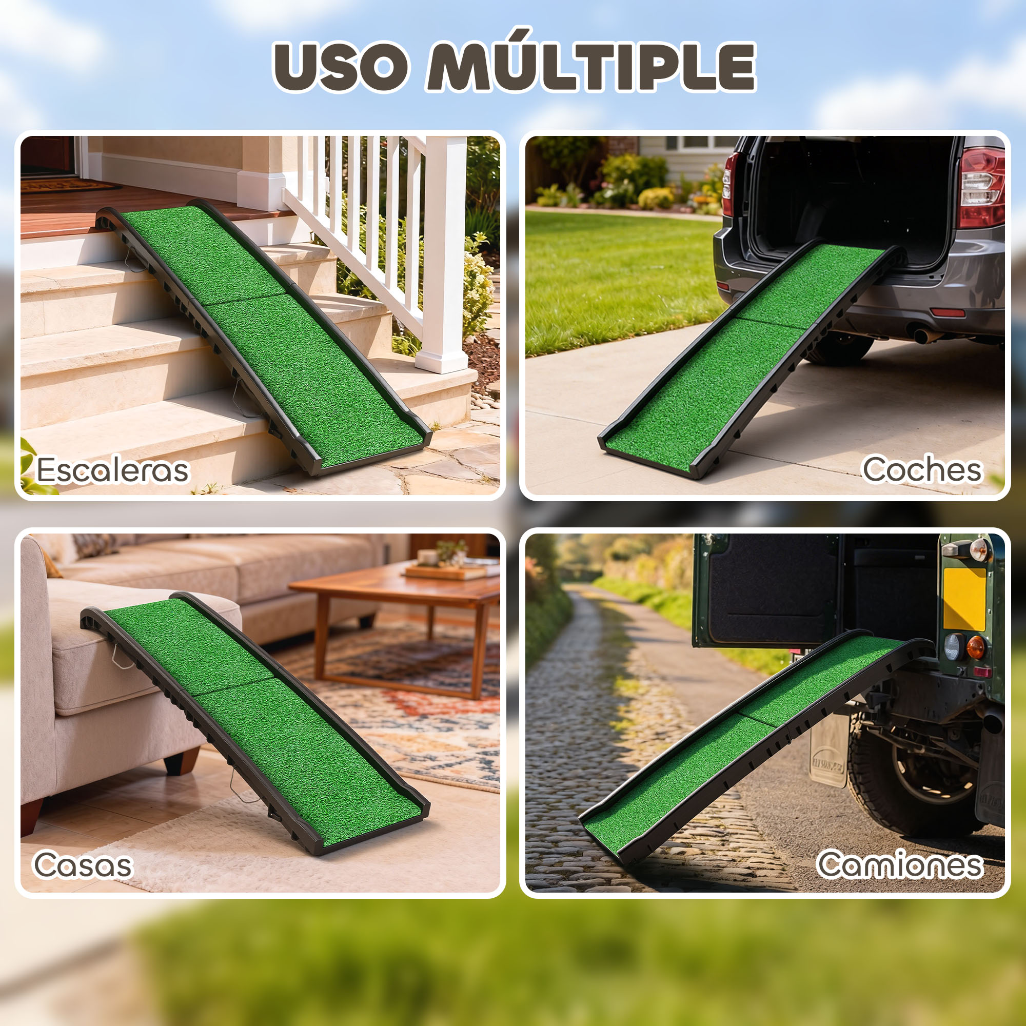 Cuatro imágenes muestran una rampa verde para mascotas unida a escaleras, coches, sofás y camiones.