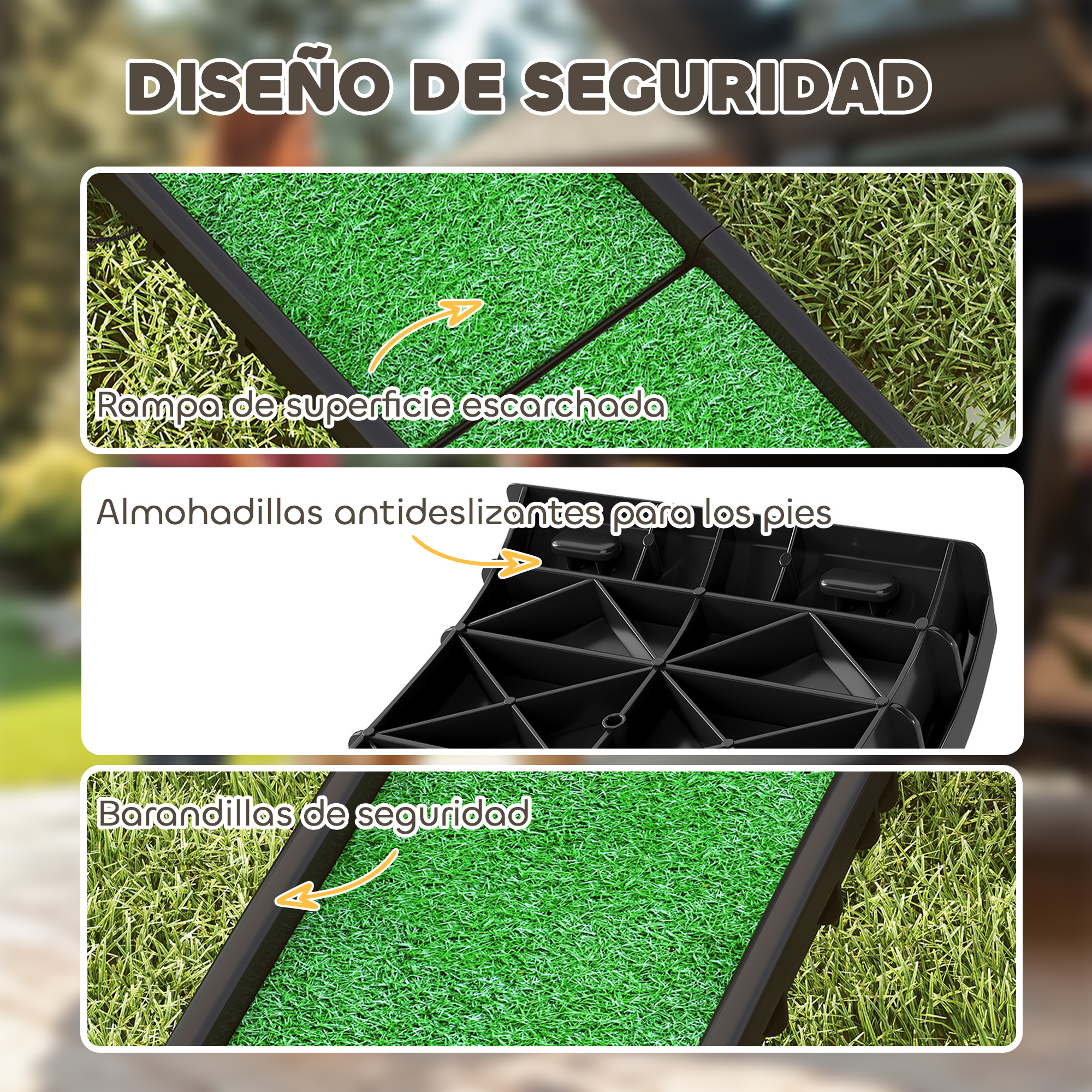 Imagen que muestra tres primeros planos de una rampa para perros, destacando características de seguridad.