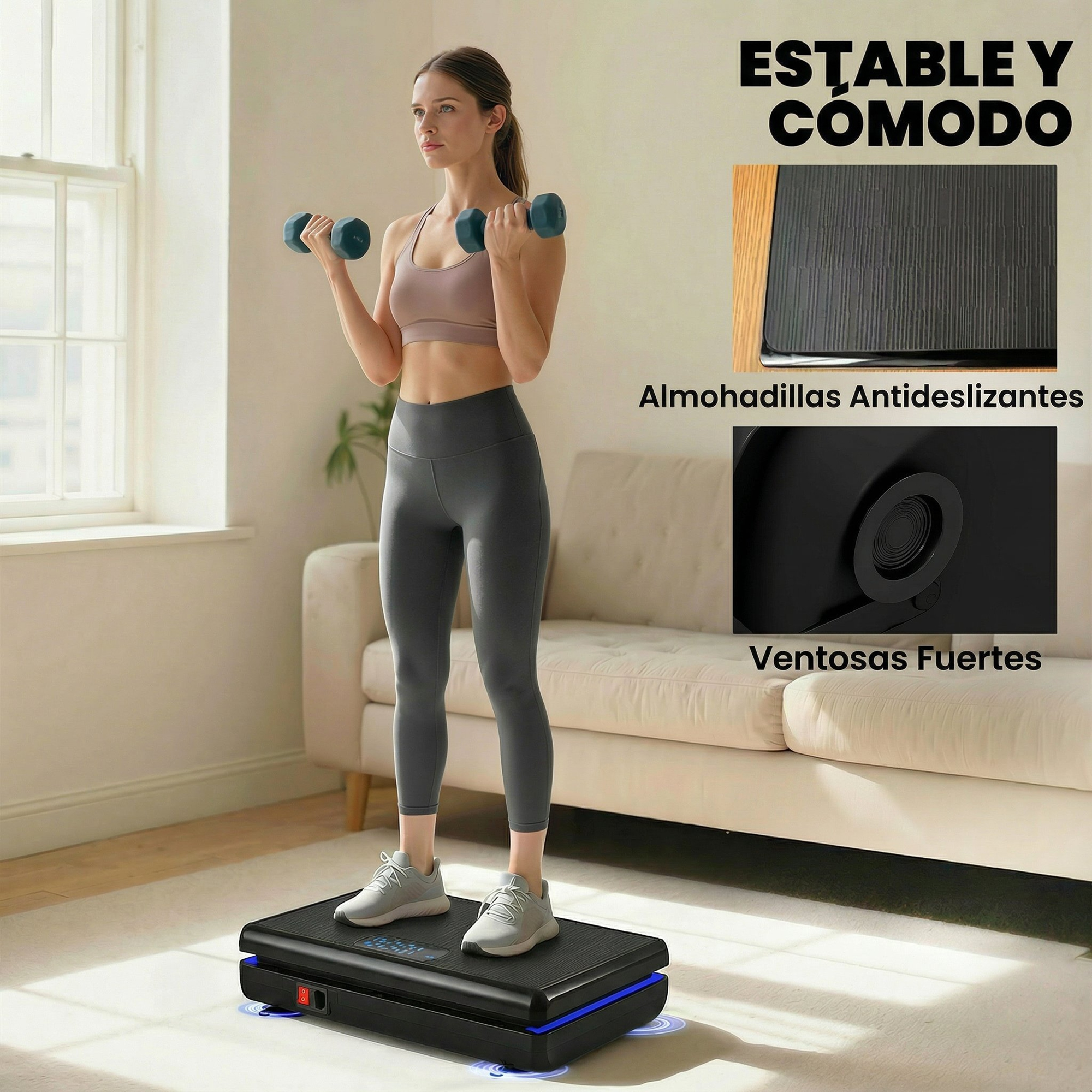 Mujer entrenando con mancuernas en una placa vibratoria en una sala.
