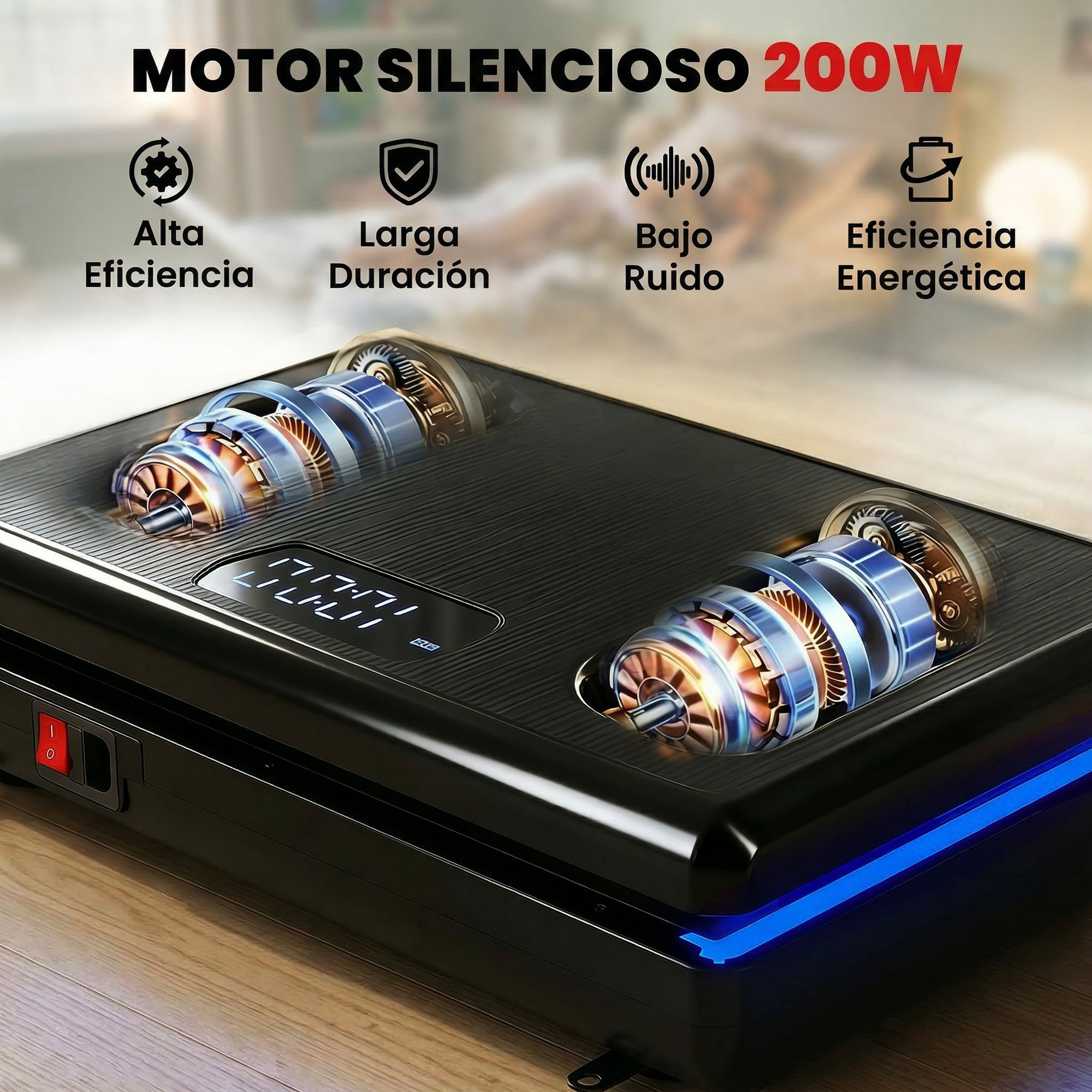 Dispositivo negro con dos motores y pantalla digital, con iconos de eficiencia.