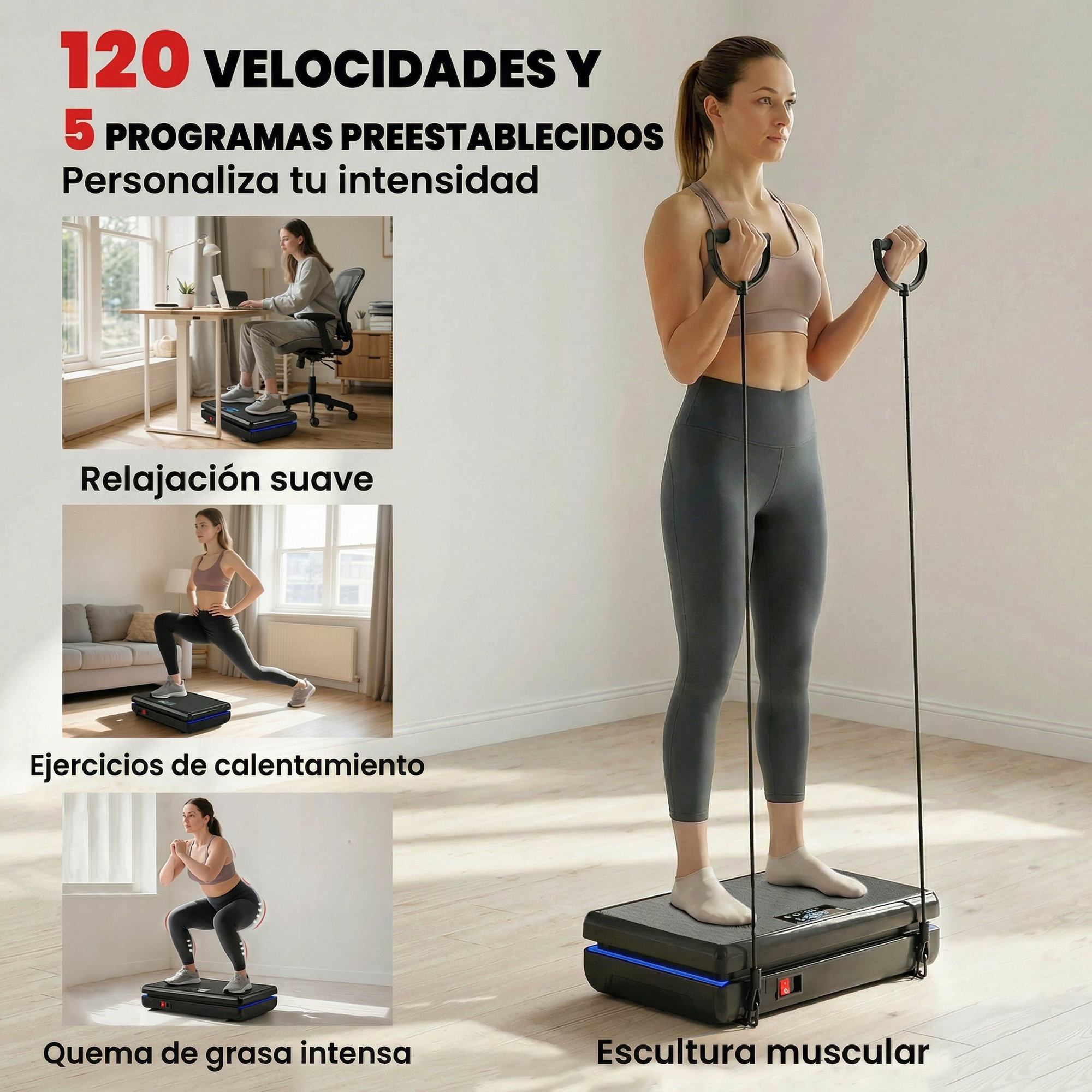 Una mujer se ejercita usando una plataforma vibratoria para varios entrenamientos.