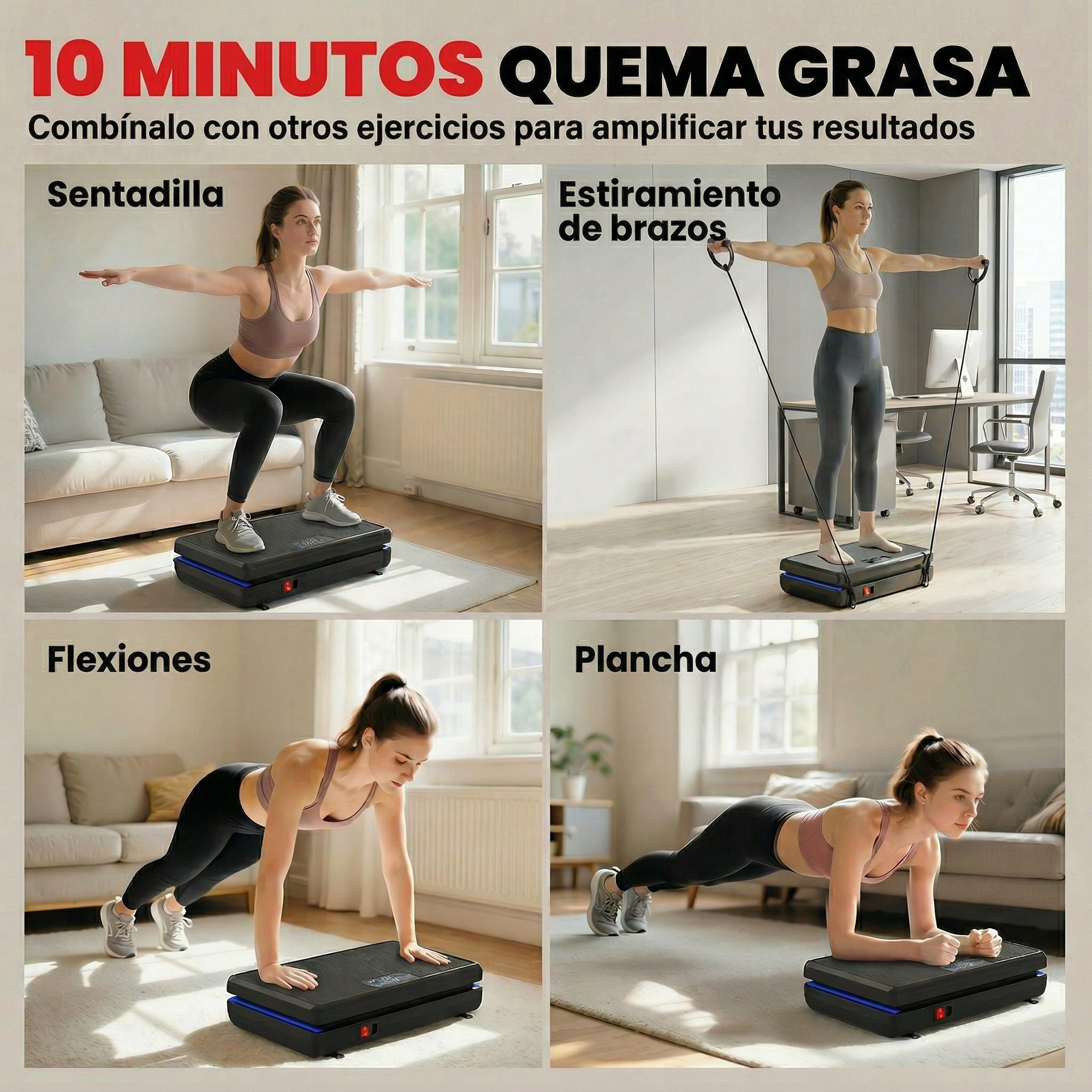 Cuatro mujeres se ejercitan en una placa vibratoria: sentadilla, tirón de brazos, flexión, plancha.
