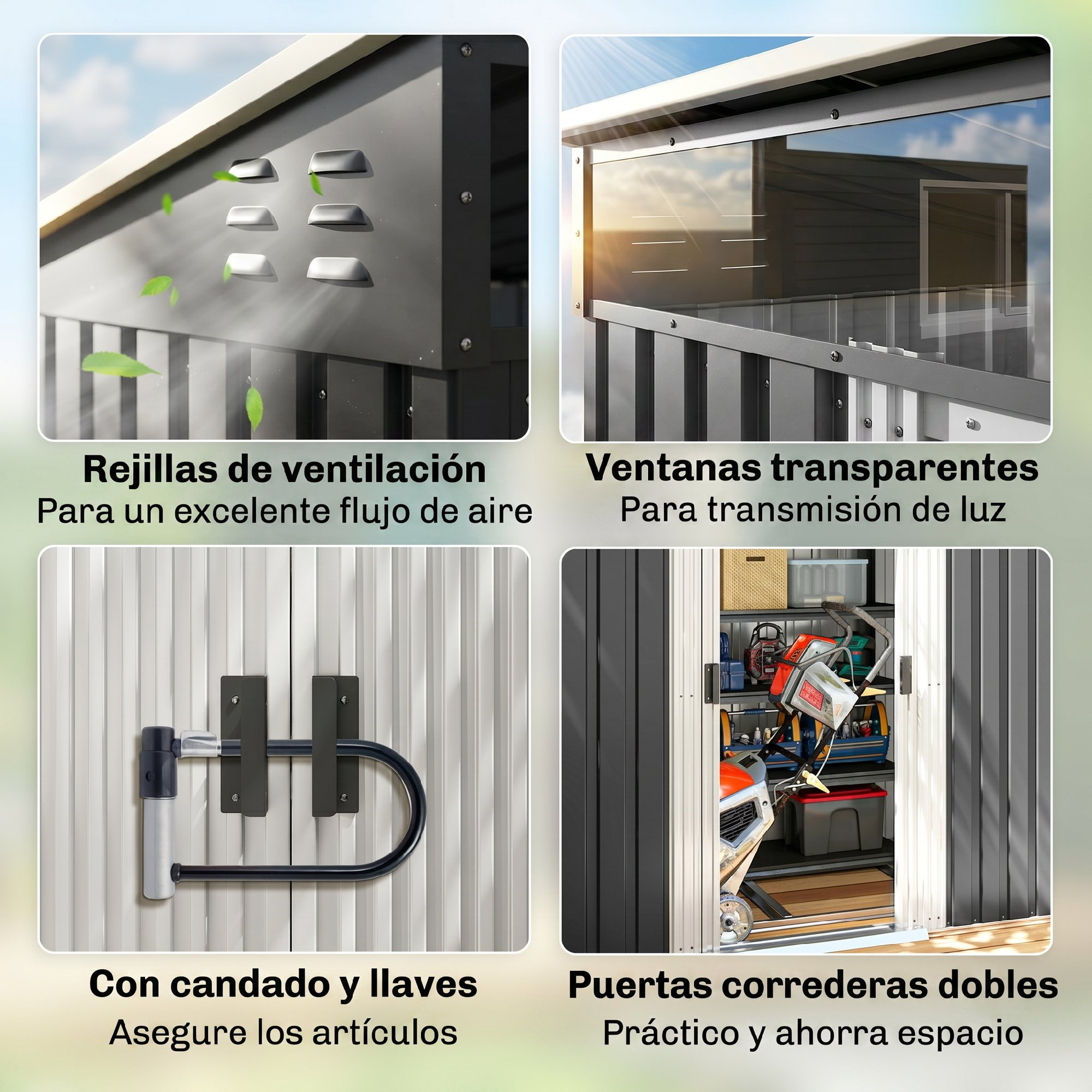 Cobertizo con ventilación, ventanas, candado y puertas correderas.