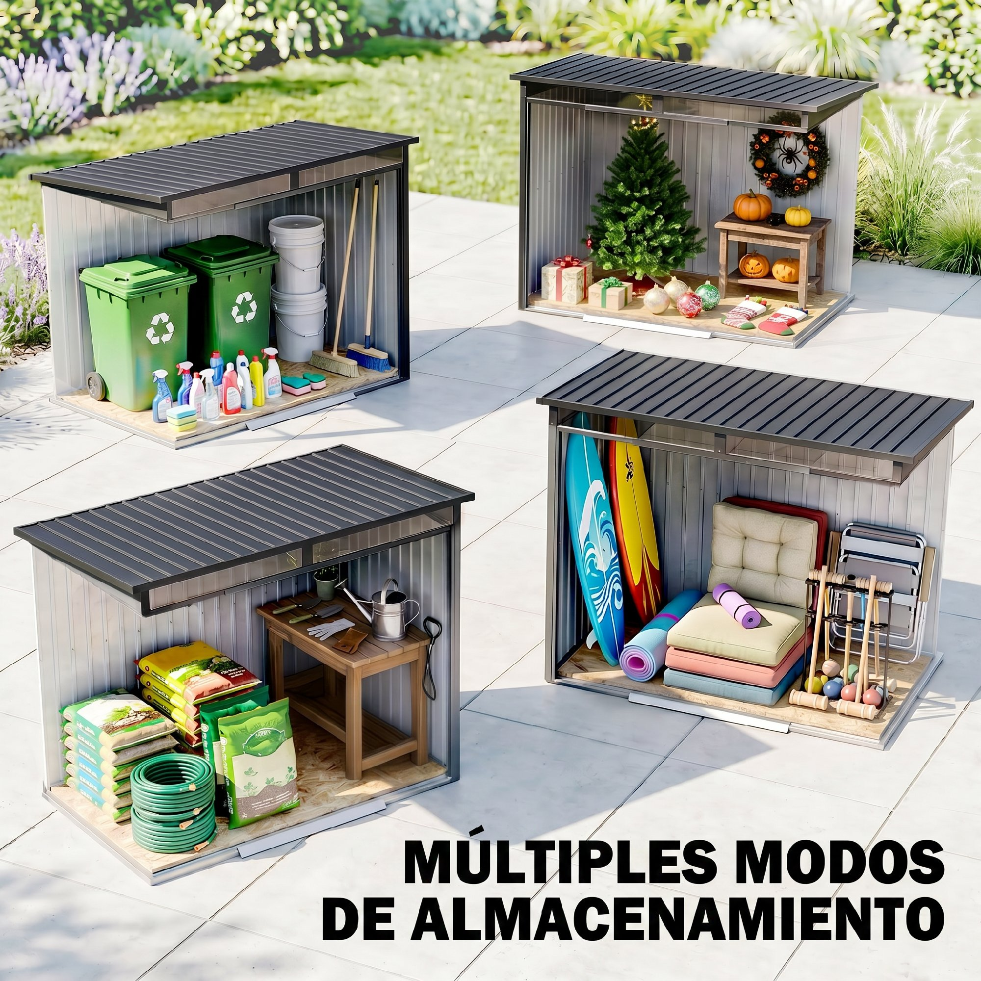 Cuatro cobertizos de jardín: cubos de basura, decoración navideña, tablas de surf y suministros.