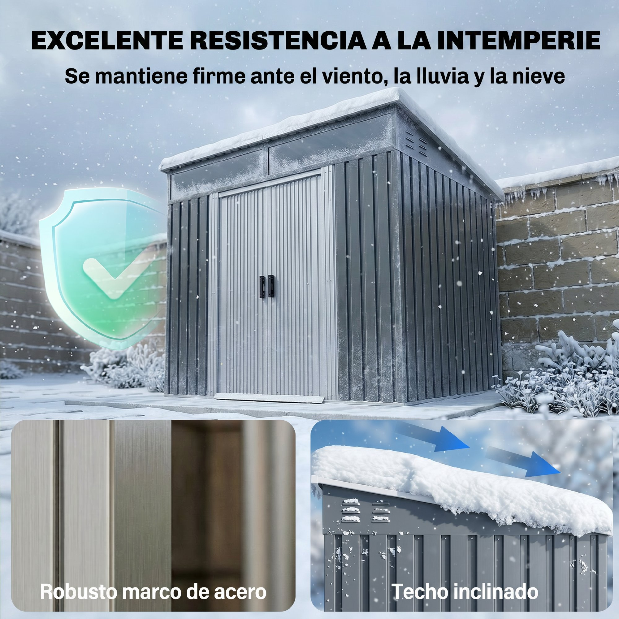 Un cobertizo gris en la nieve con un escudo que indica resistencia a la intemperie.