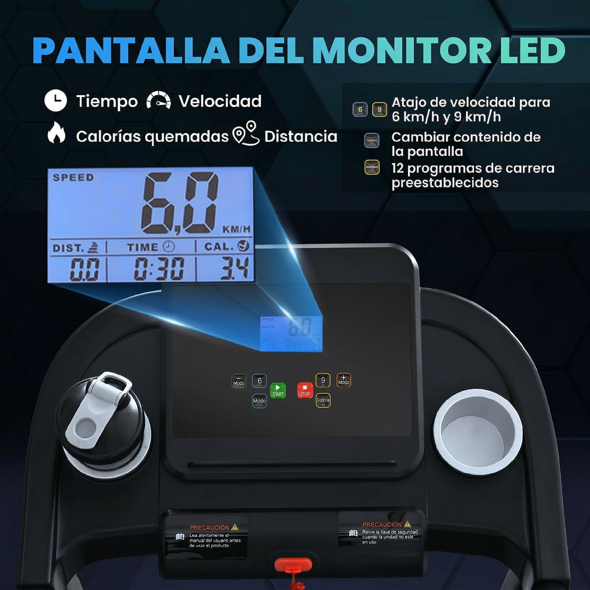 La pantalla de una cinta muestra velocidad, tiempo, distancia y calorías.