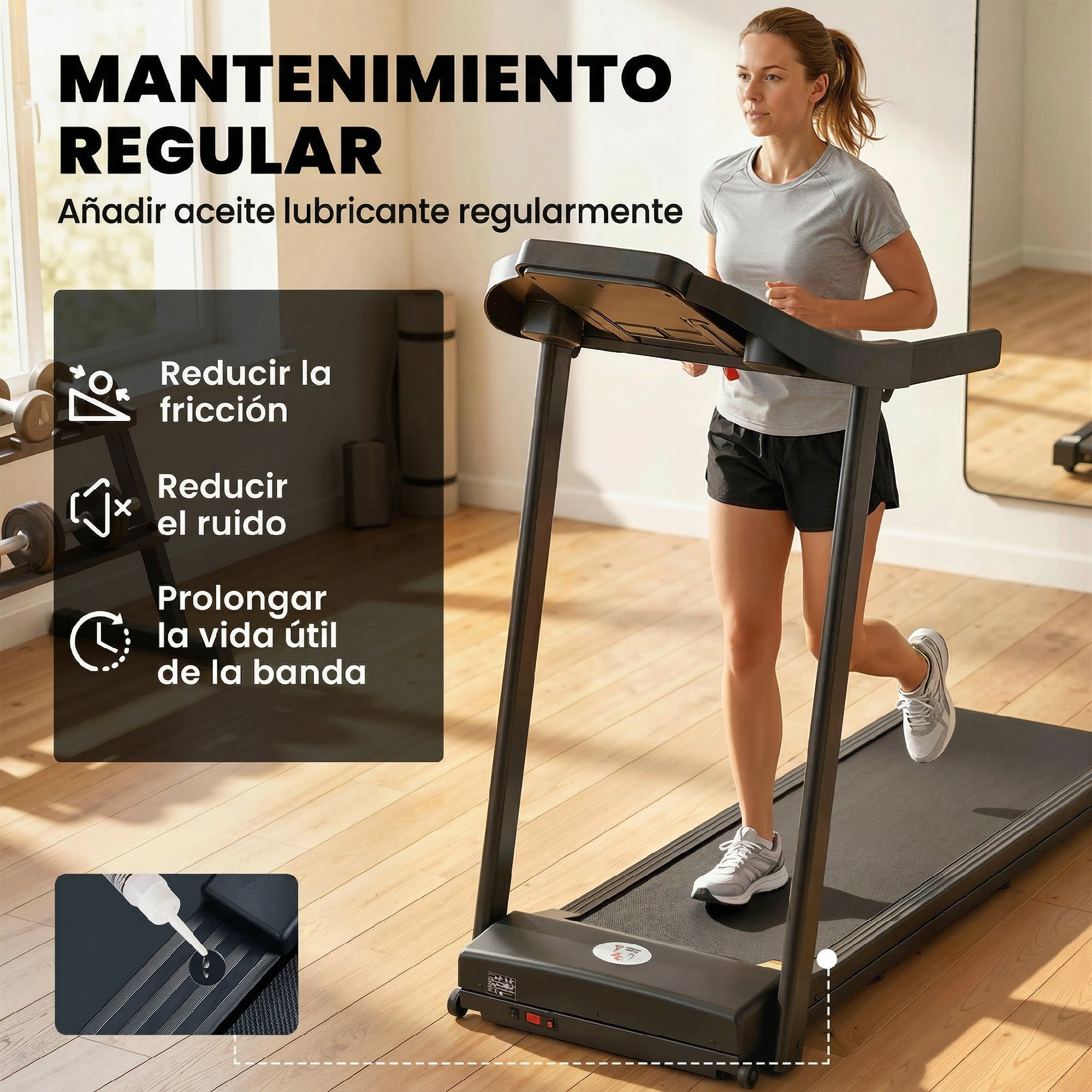 Una mujer corre en una cinta que requiere mantenimiento regular.